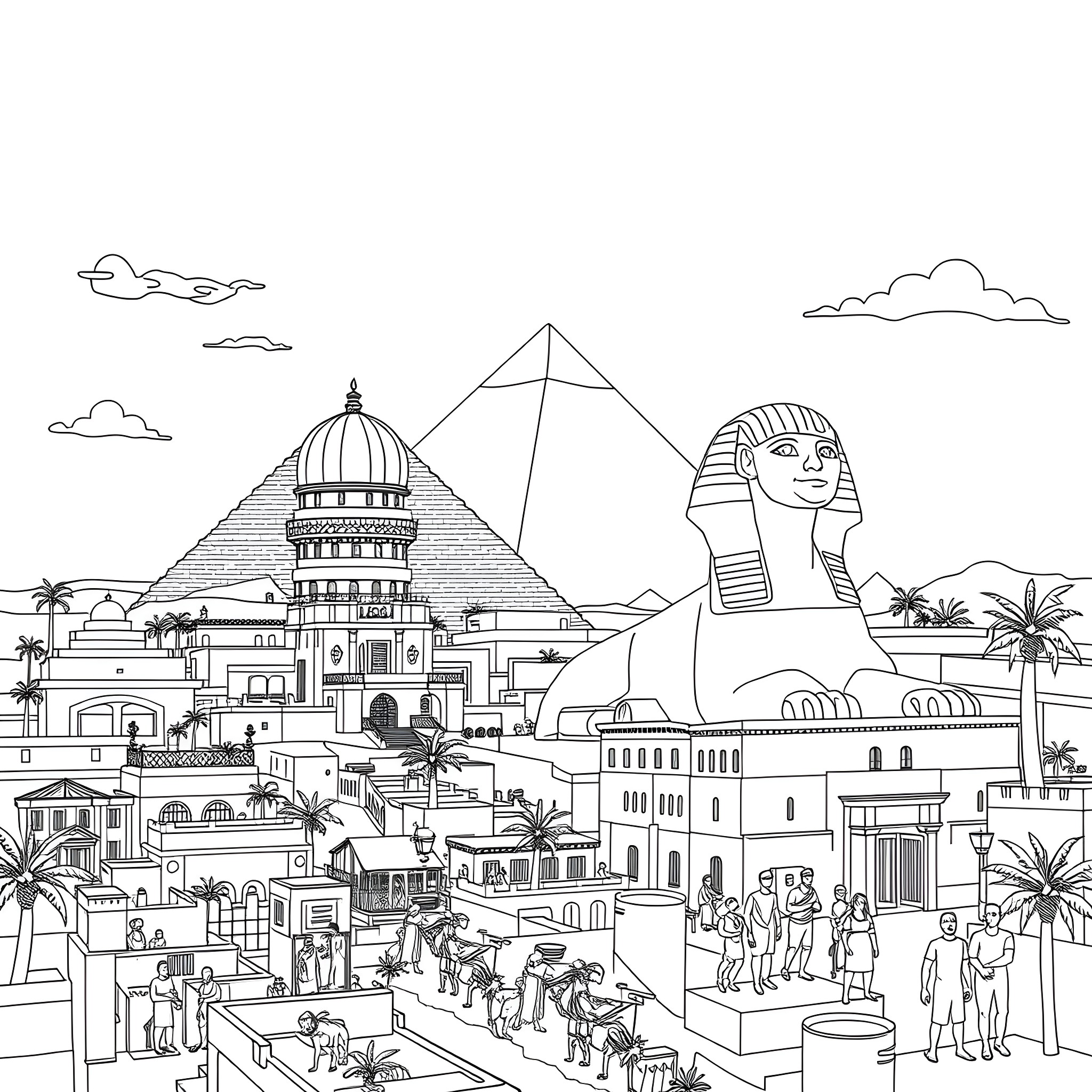 Pyramid silhouette with ancient architecture and people in the city Coloring Page (free black-and-white line drawing printable PDF for all, from beginners to advanced learners, including children, teens, adults, and seniors)