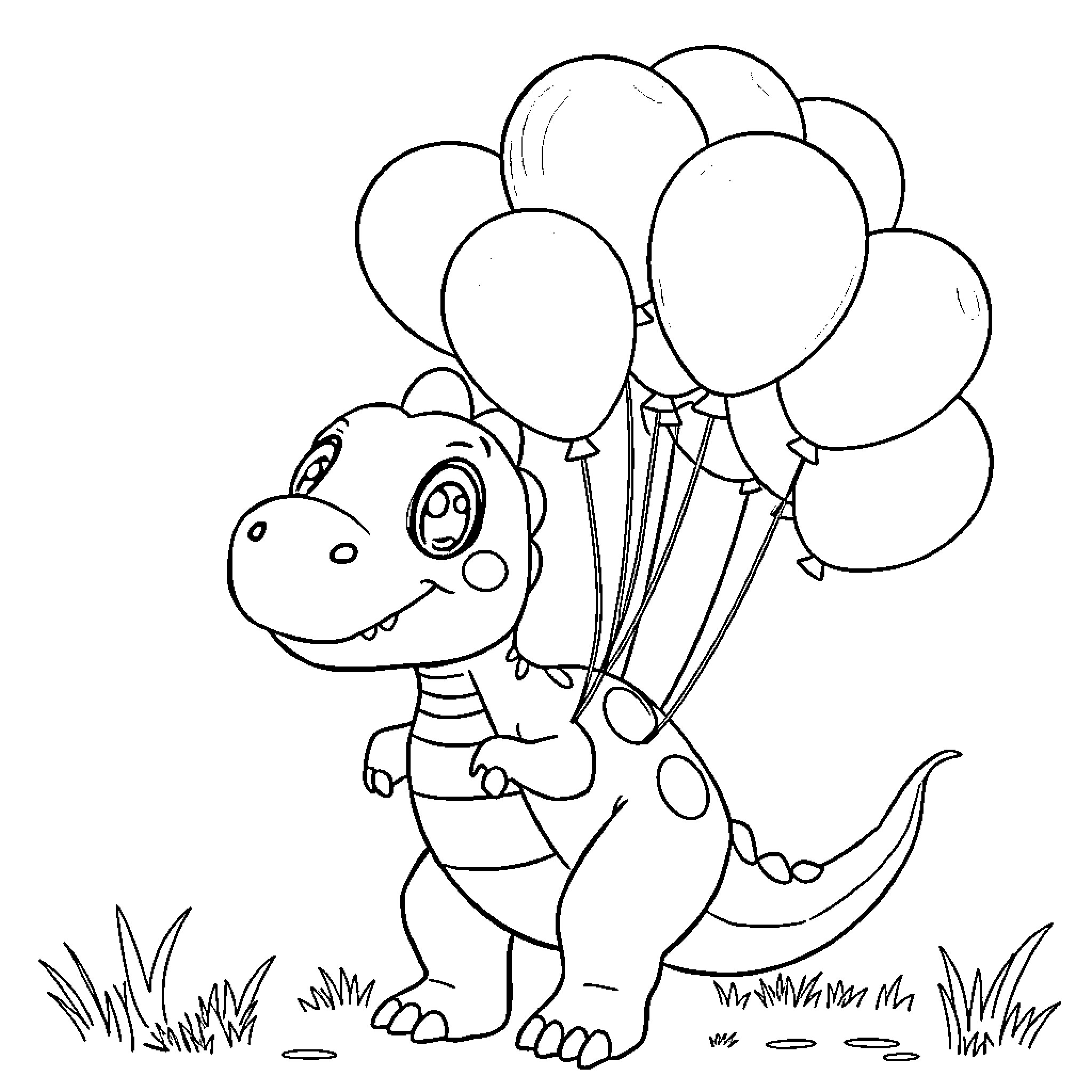 Dinosaur holding colorful balloons in the park Coloring Page (free black-and-white line drawing printable PDF for all, from beginners to advanced learners, including children, teens, adults, and seniors)