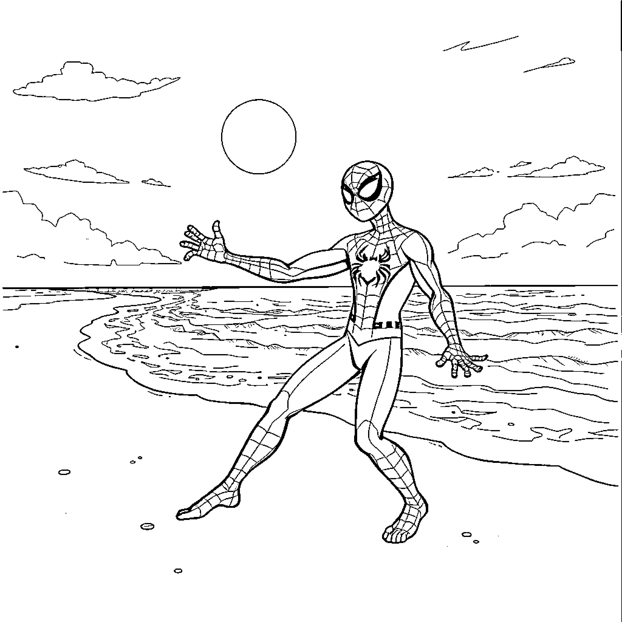 Spiderman standing tall on the beach Coloring Page (free black-and-white line drawing printable PDF for all, from beginners to advanced learners, including children, teens, adults, and seniors)