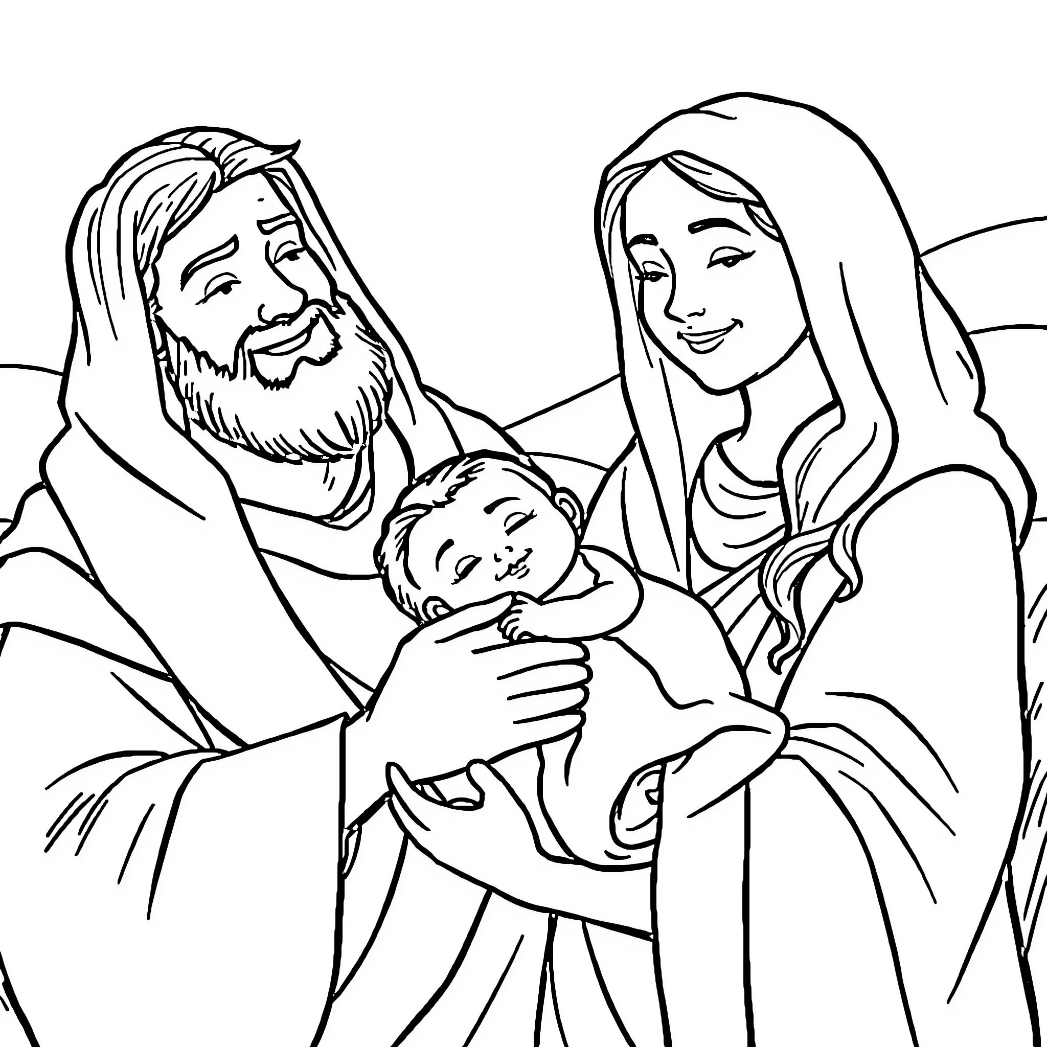 Abraham and family joyfully embrace their newborn child Coloring Page (free black-and-white line drawing printable PDF for all, from beginners to advanced learners, including children, teens, adults, and seniors)