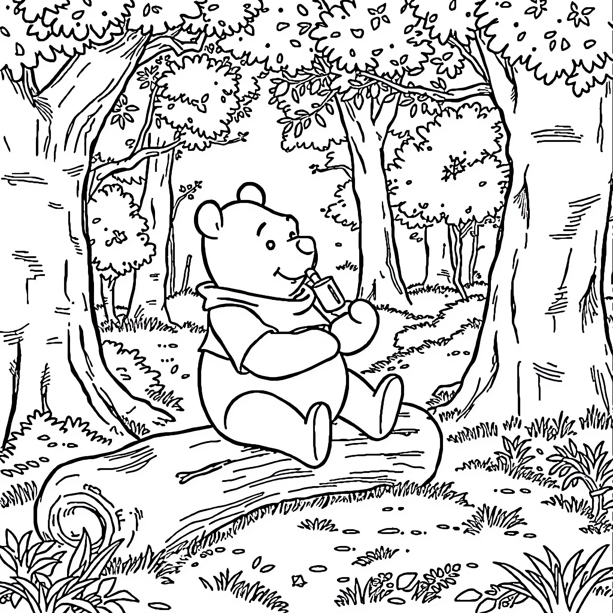 Winnie The Pooh enjoying a peaceful moment in the forest Coloring Page (free black-and-white line drawing printable PDF for all, from beginners to advanced learners, including children, teens, adults, and seniors)