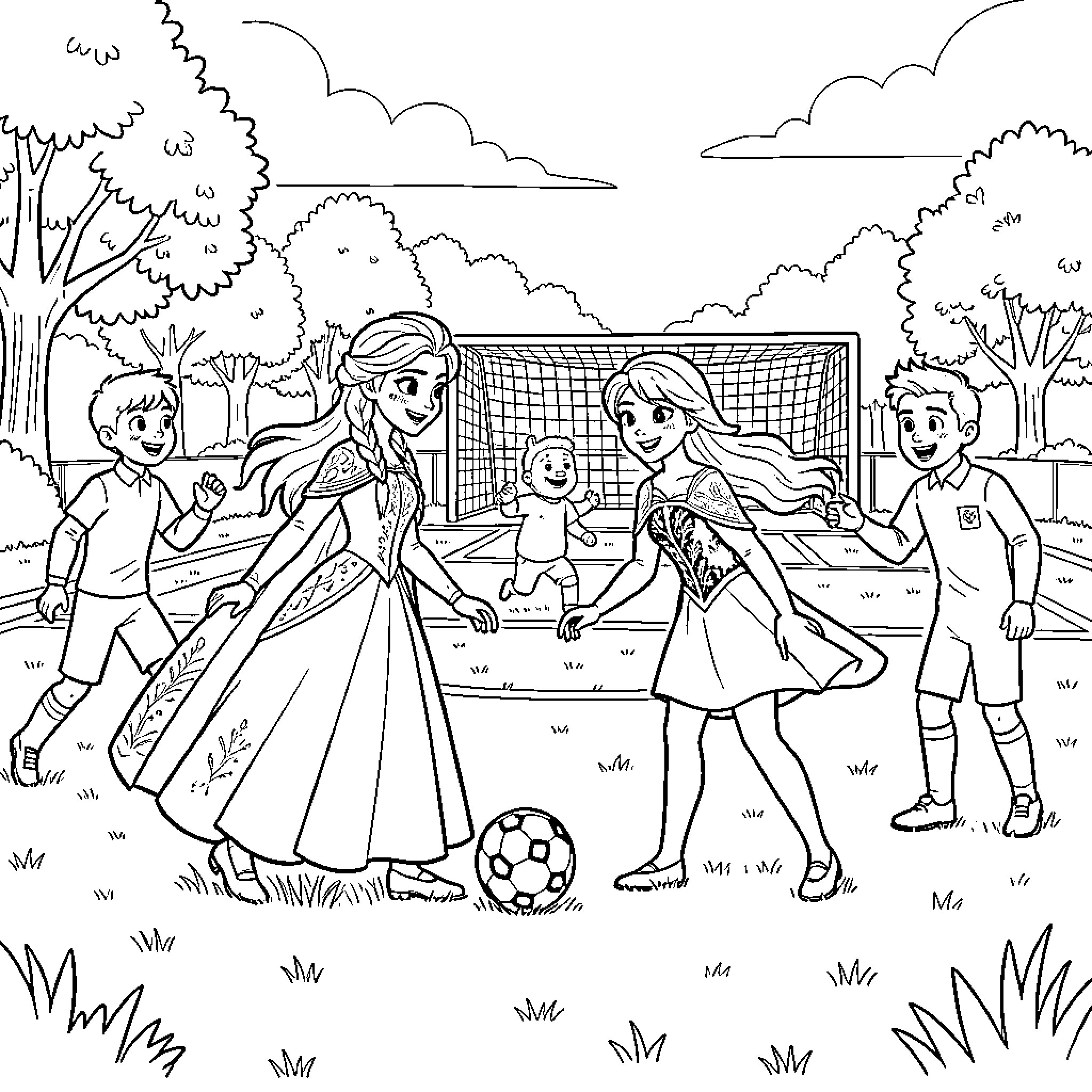 Frozen Characters playing soccer in a park Coloring Page (free black-and-white line drawing printable PDF for all, from beginners to advanced learners, including children, teens, adults, and seniors)