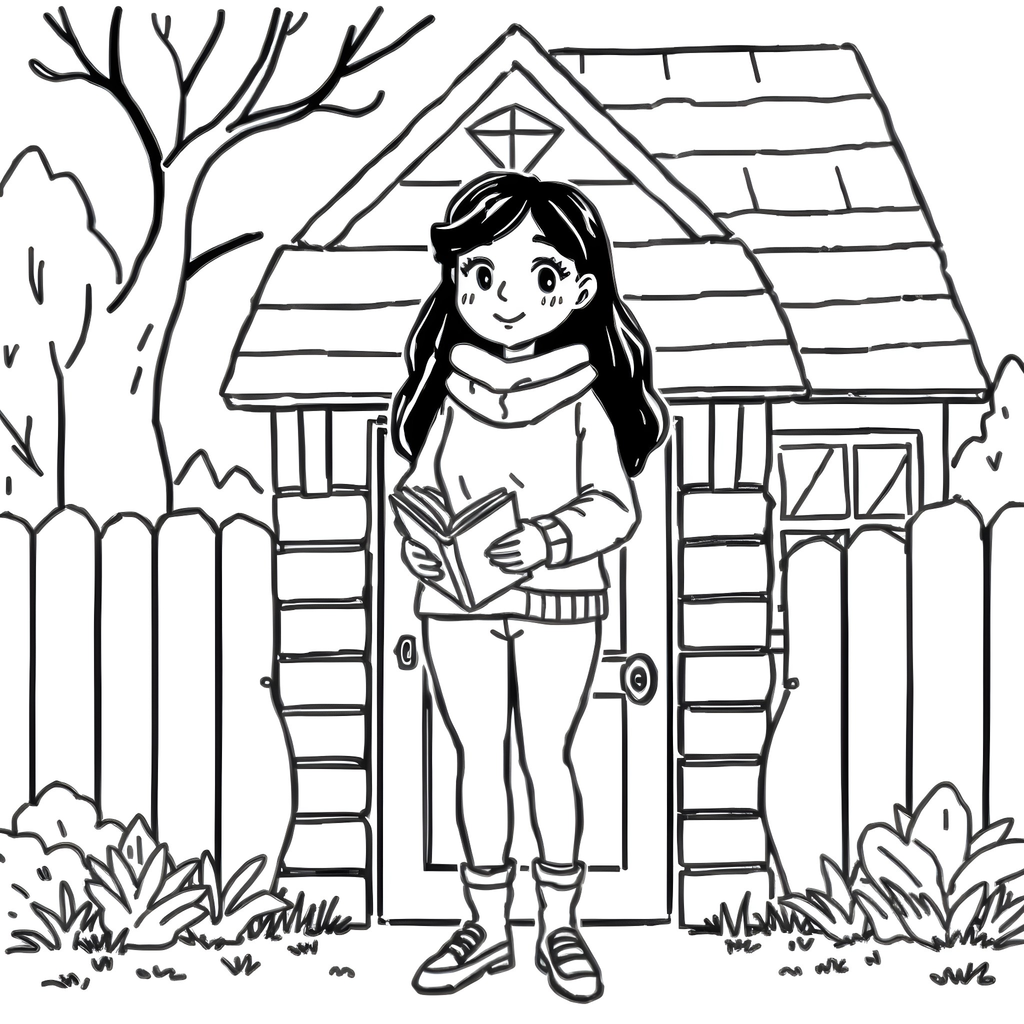 Wednesday girl reading a book outside her cottage Coloring Page (free black-and-white line drawing printable PDF for all, from beginners to advanced learners, including children, teens, adults, and seniors)