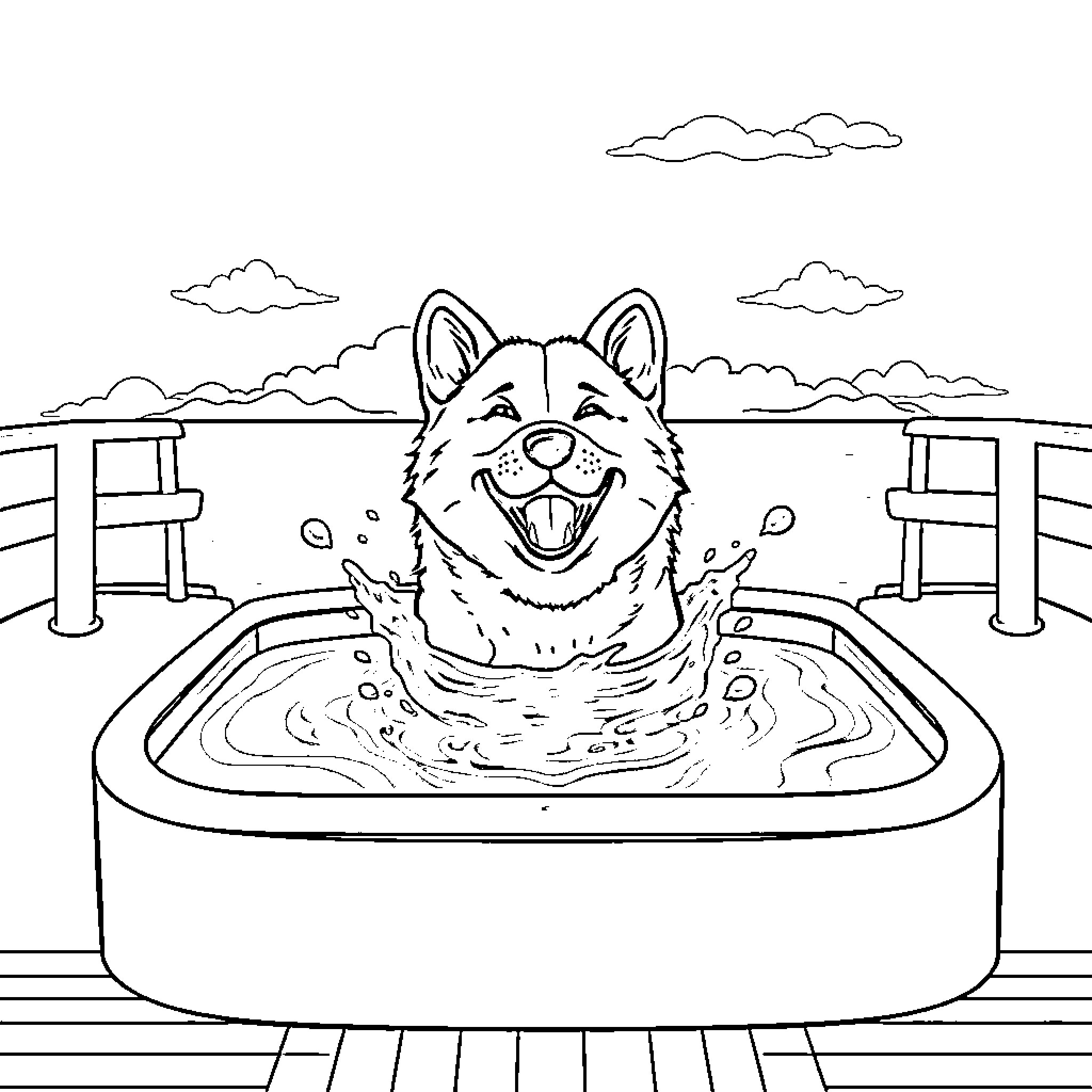 Shiba Inu cooling off in pool on a hot day Coloring Page (free black-and-white line drawing printable PDF for all, from beginners to advanced learners, including children, teens, adults, and seniors)