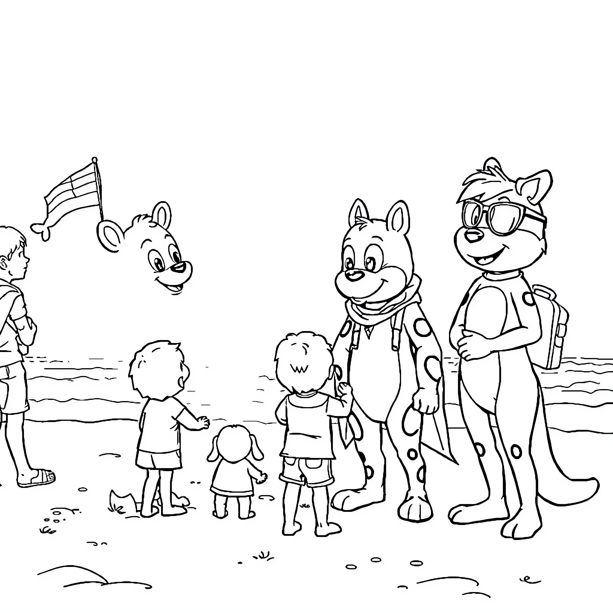 Paw Patrol characters on the beach with children Coloring Page (free black-and-white line drawing printable PDF for all, from beginners to advanced learners, including children, teens, adults, and seniors)
