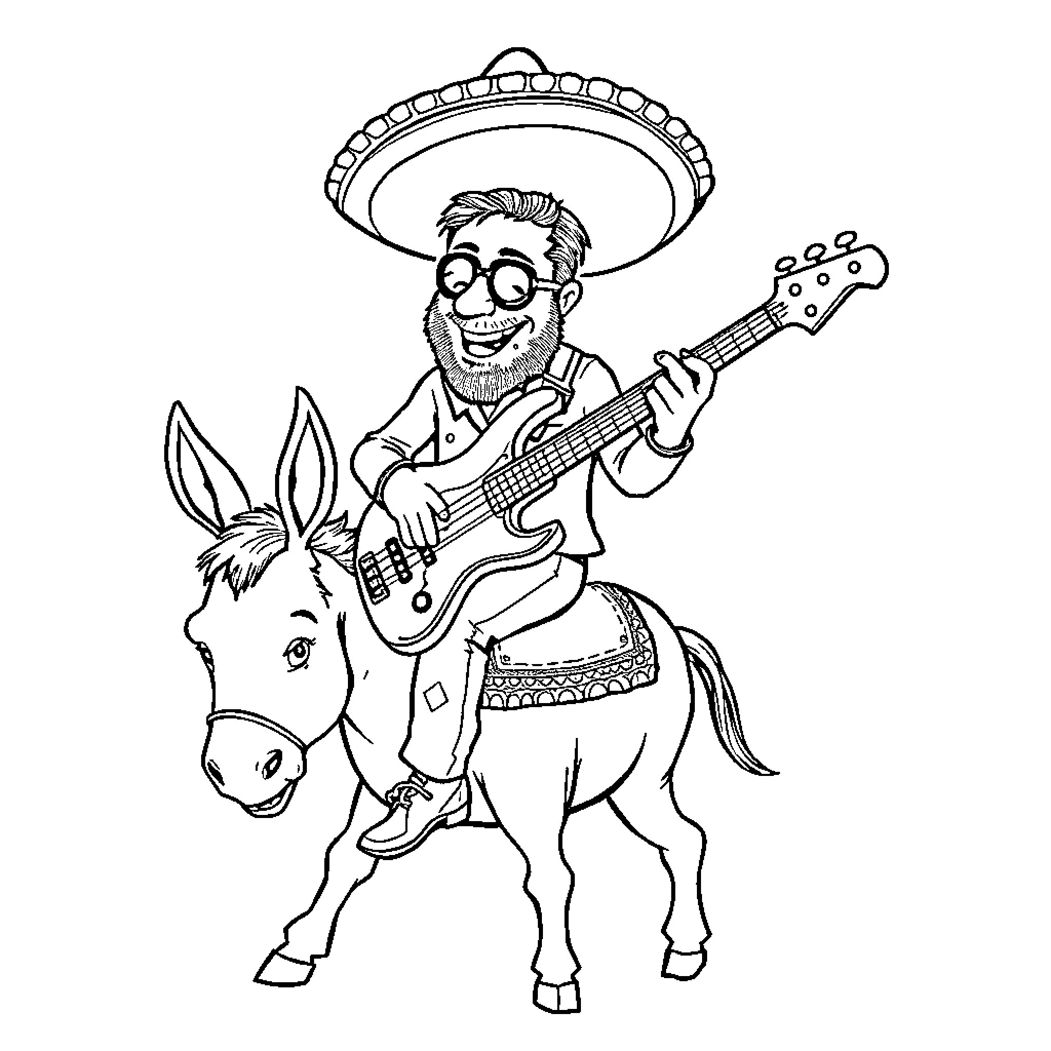 Matt Willis playing guitar on a donkey in a sombrero Coloring Page (free black-and-white line drawing printable PDF for all, from beginners to advanced learners, including children, teens, adults, and seniors)
