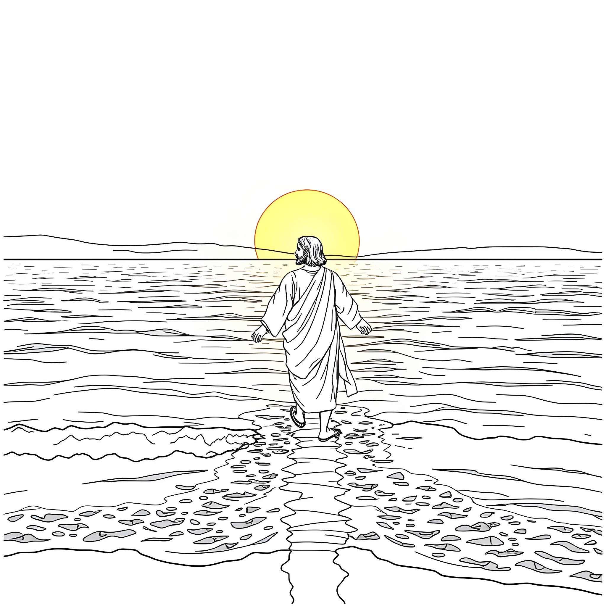 Jesus walks on the waters at sunset Coloring Page (free black-and-white line drawing printable PDF for all, from beginners to advanced learners, including children, teens, adults, and seniors)