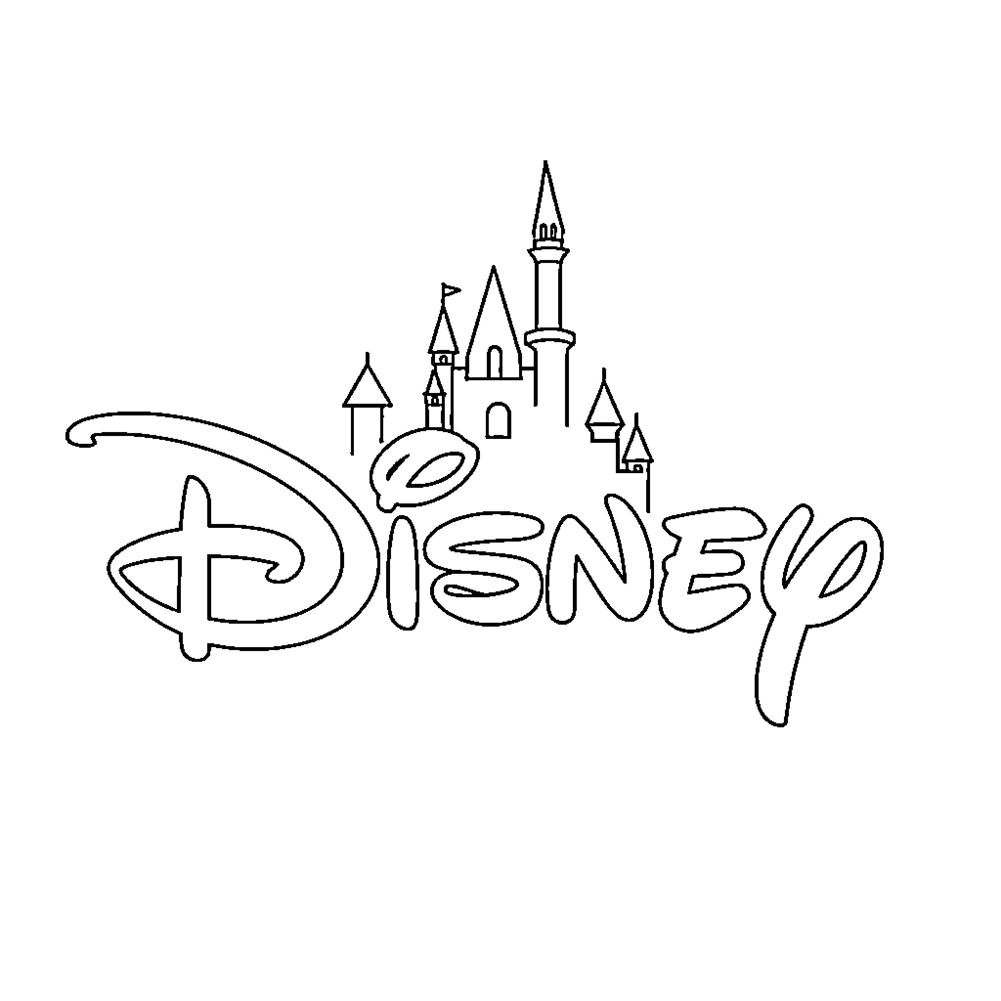 Disney Logo with Castle Towers Coloring Page (free black-and-white line drawing printable PDF for all, from beginners to advanced learners, including children, teens, adults, and seniors)