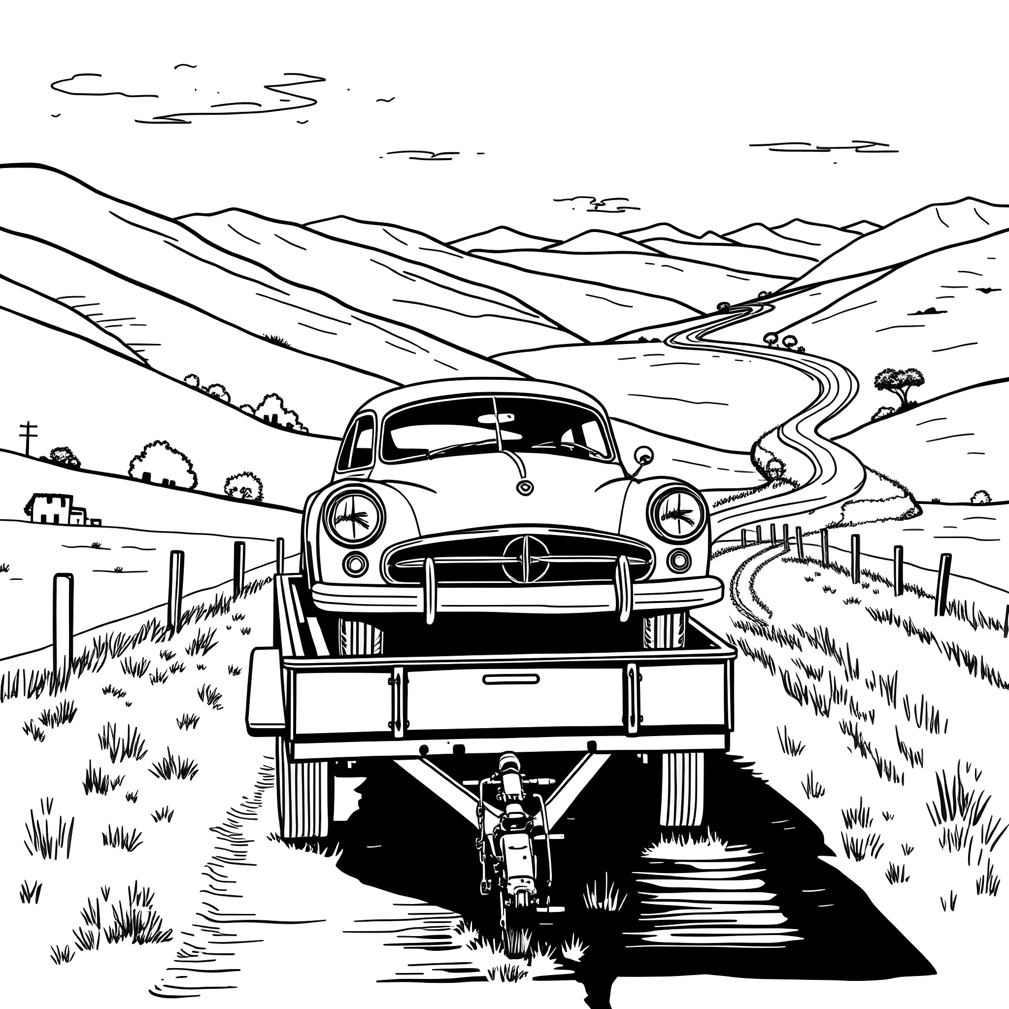 Car on the road through the countryside landscape Coloring Page (free black-and-white line drawing printable PDF for all, from beginners to advanced learners, including children, teens, adults, and seniors)