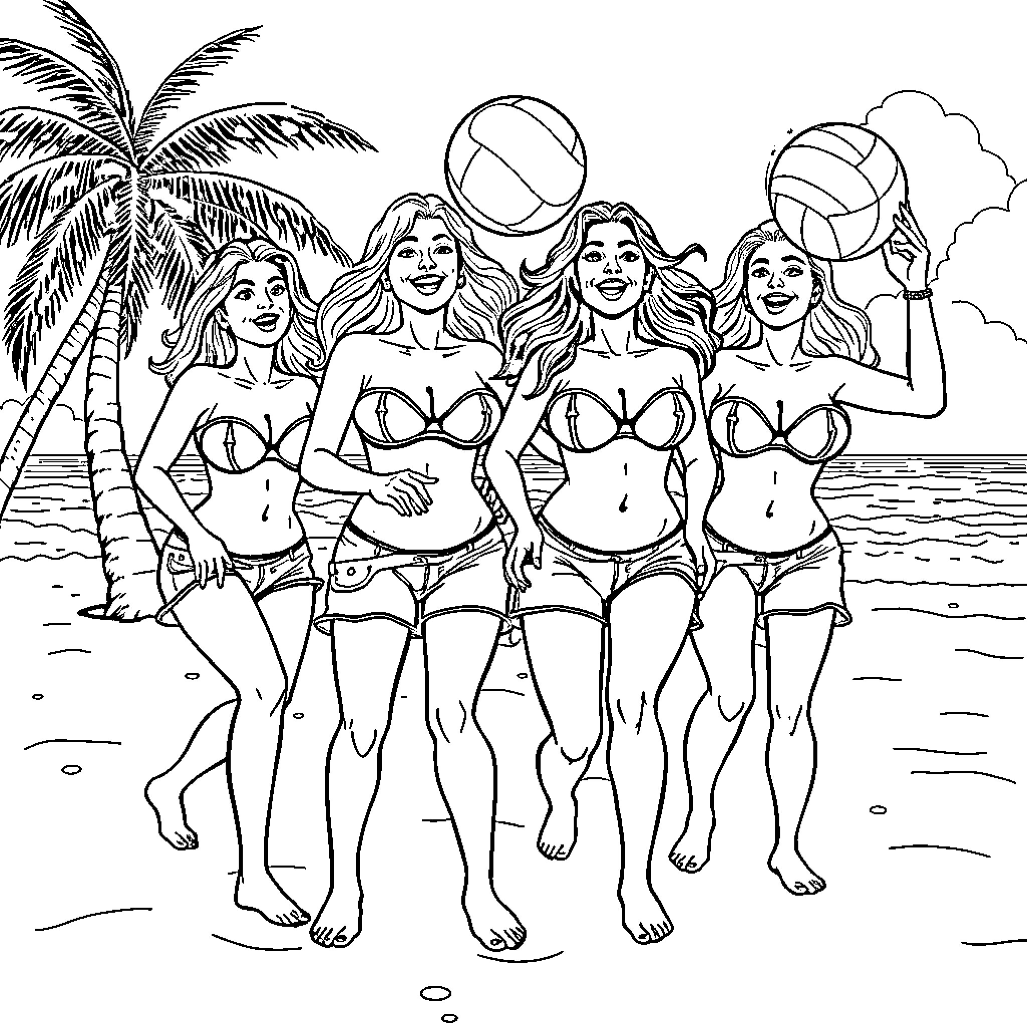 Volleyball scene with beach girls Coloring Page (free black-and-white line drawing printable PDF for all, from beginners to advanced learners, including children, teens, adults, and seniors)
