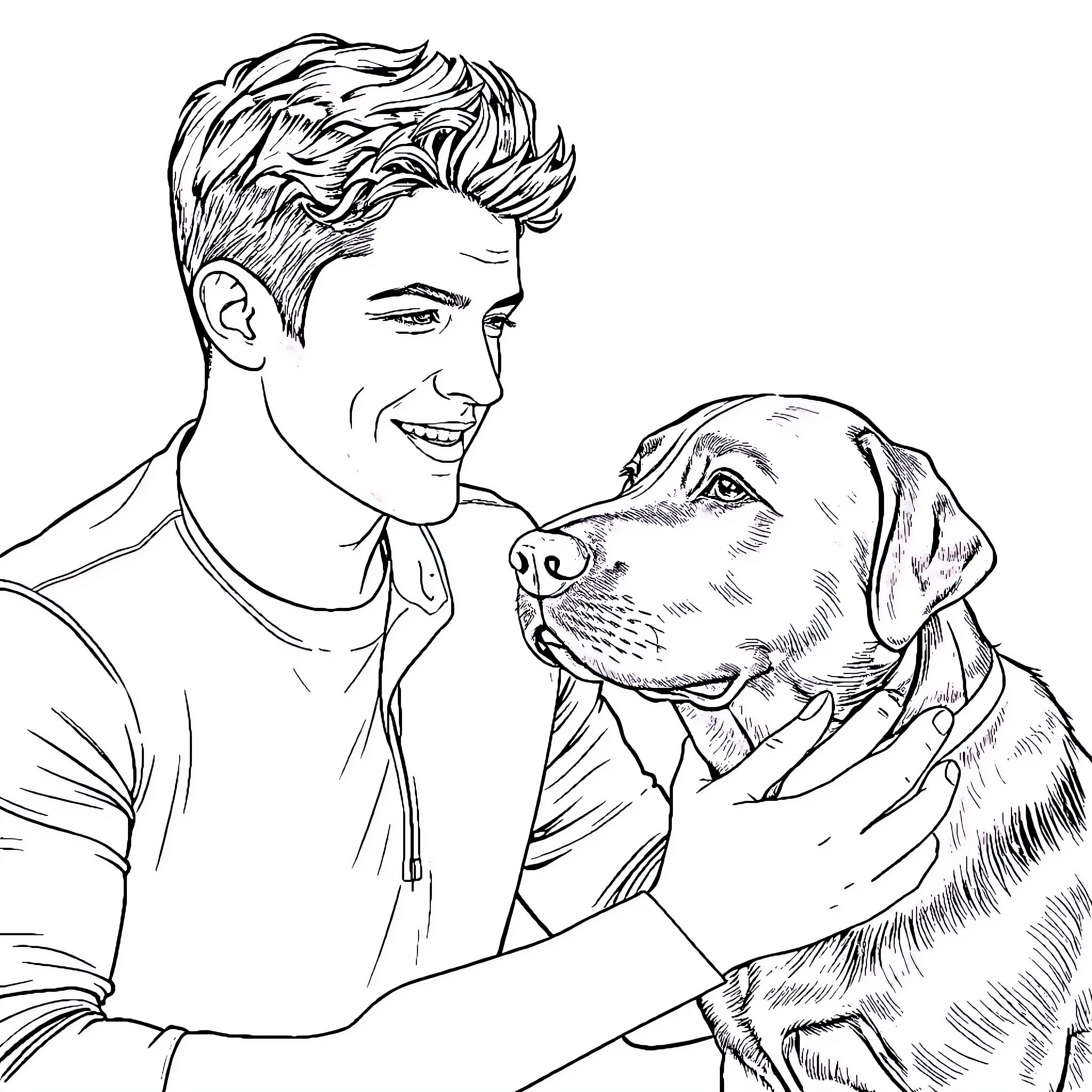 Labrador and owner sharing a joyful moment Coloring Page (free black-and-white line drawing printable PDF for all, from beginners to advanced learners, including children, teens, adults, and seniors)