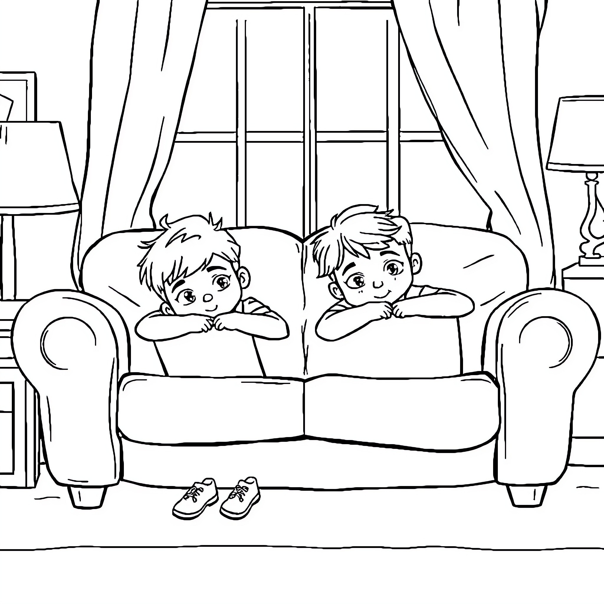 Twin Boys Relaxing on Couch Coloring Page (free black-and-white line drawing printable PDF for all, from beginners to advanced learners, including children, teens, adults, and seniors)