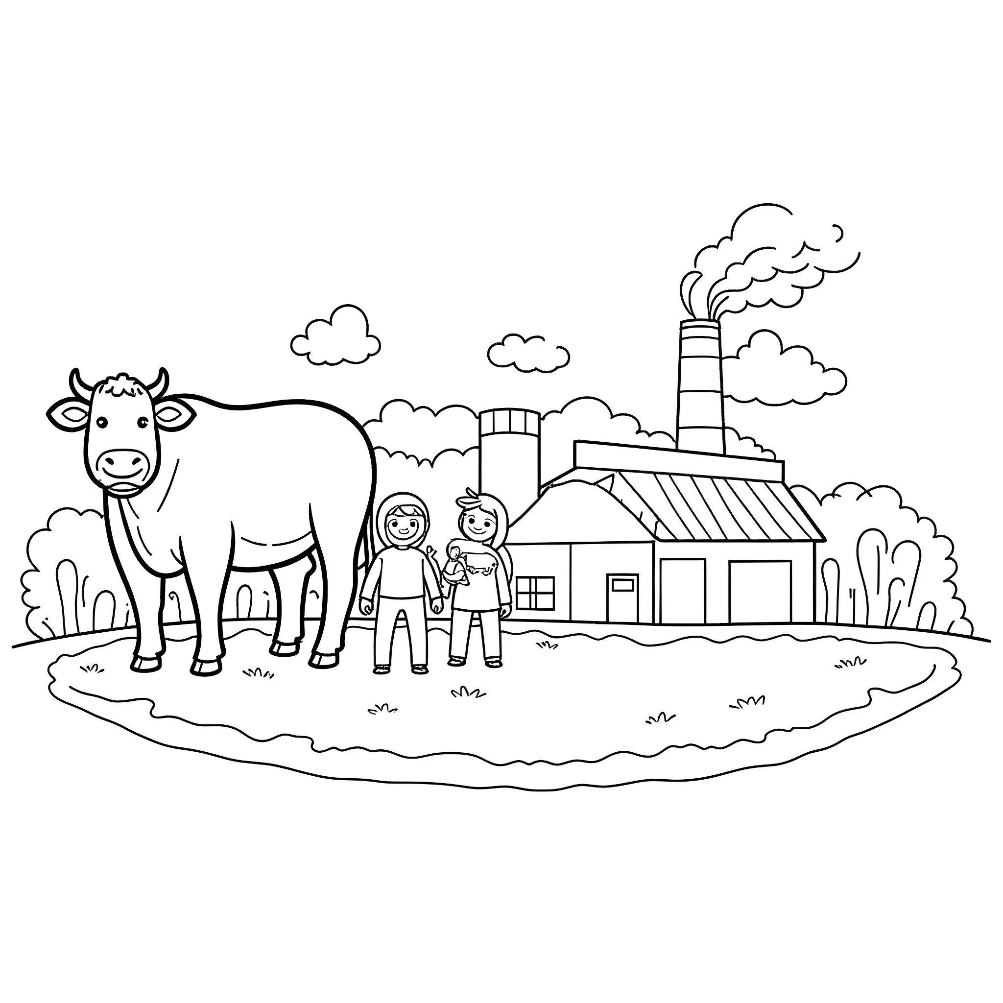 Cow and children on a farm Coloring Page (free black-and-white line drawing printable PDF for all, from beginners to advanced learners, including children, teens, adults, and seniors)