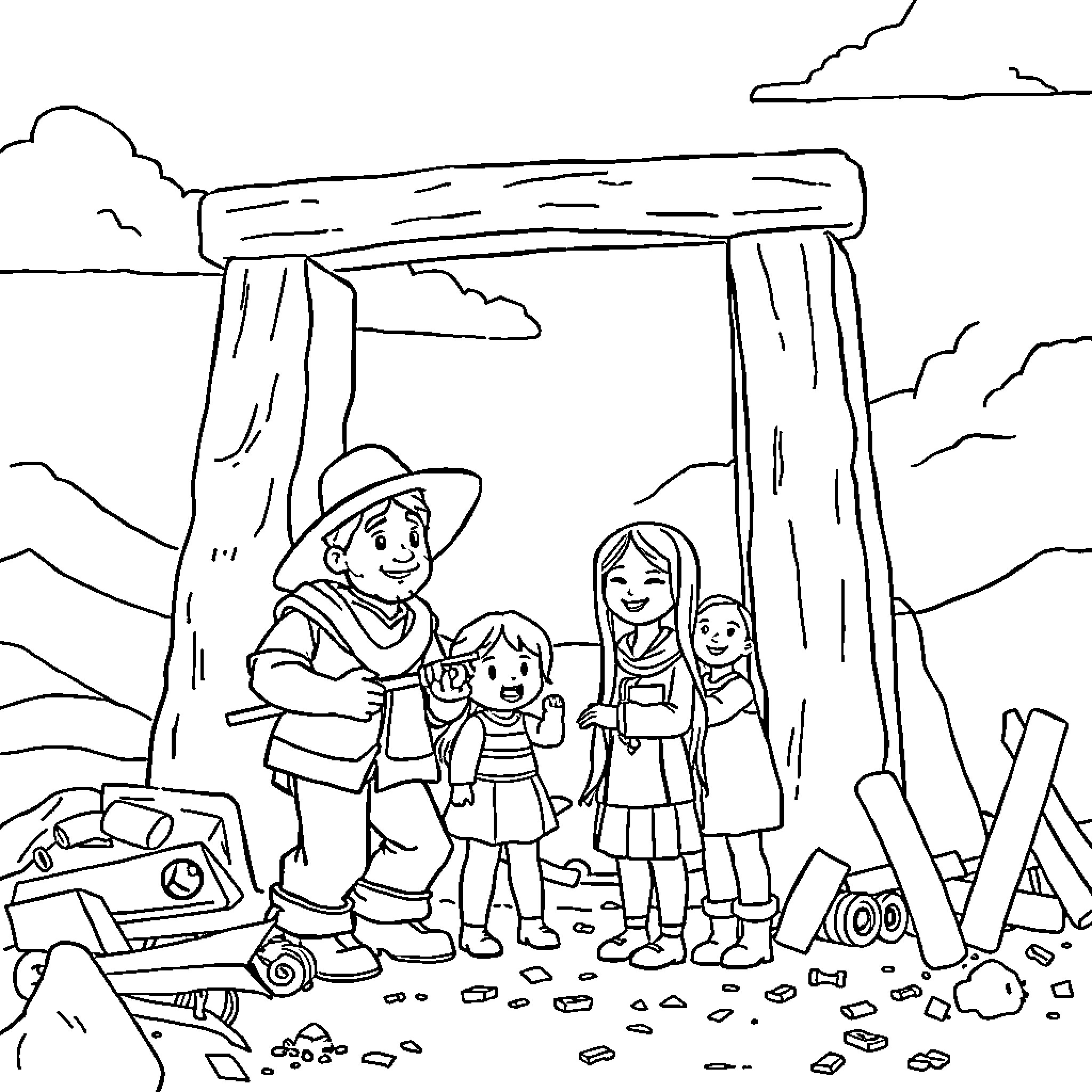 Noah and his family exploring the outdoor adventure Coloring Page (free black-and-white line drawing printable PDF for all, from beginners to advanced learners, including children, teens, adults, and seniors)