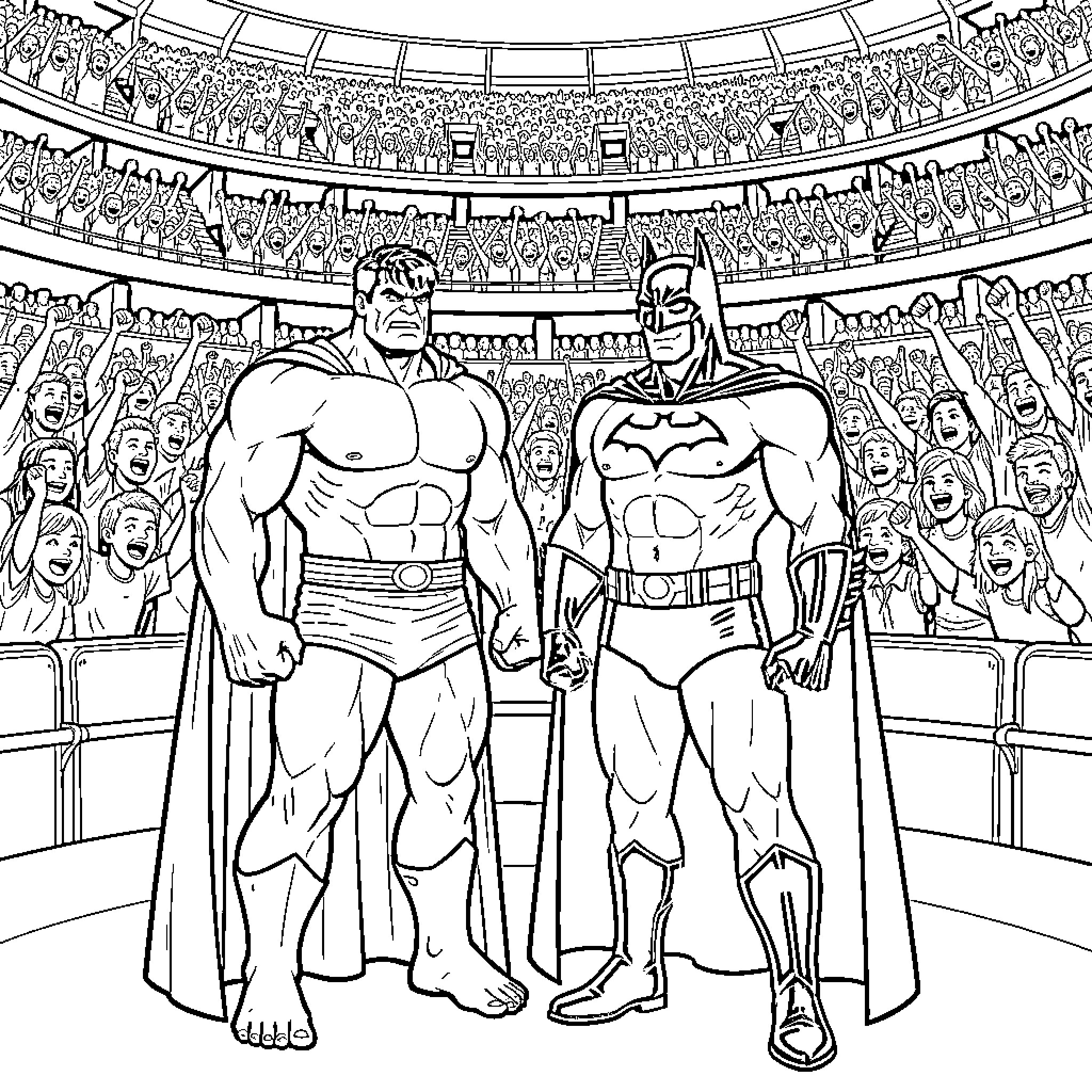 Hulk and Batman standing heroically in a stadium Coloring Page (free black-and-white line drawing printable PDF for all, from beginners to advanced learners, including children, teens, adults, and seniors)