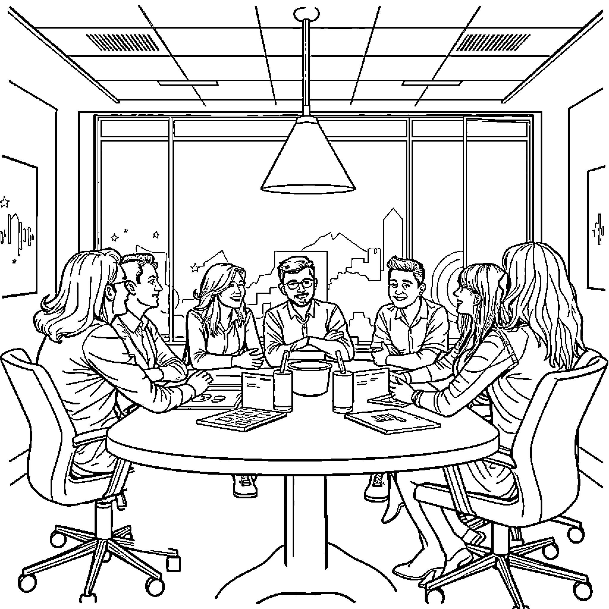 ISRM: Business meeting with professionals in modern office Coloring Page (free black-and-white line drawing printable PDF for all, from beginners to advanced learners, including children, teens, adults, and seniors)