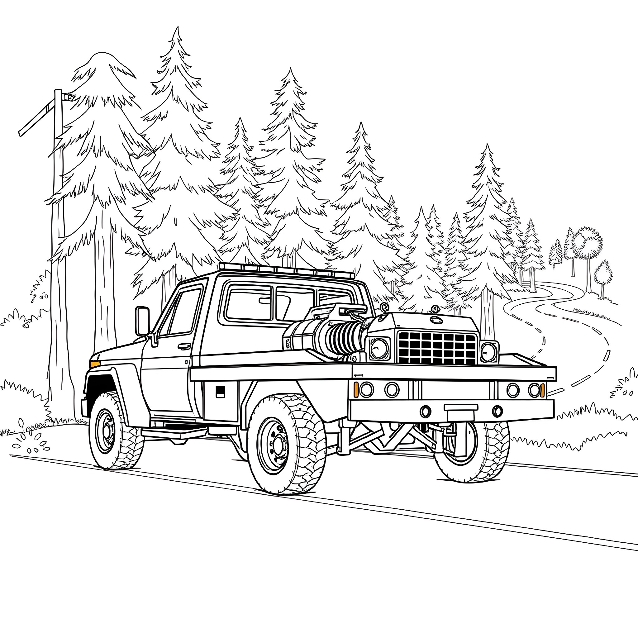 Wrecker truck traversing rugged terrain in the forest Coloring Page (free black-and-white line drawing printable PDF for all, from beginners to advanced learners, including children, teens, adults, and seniors)