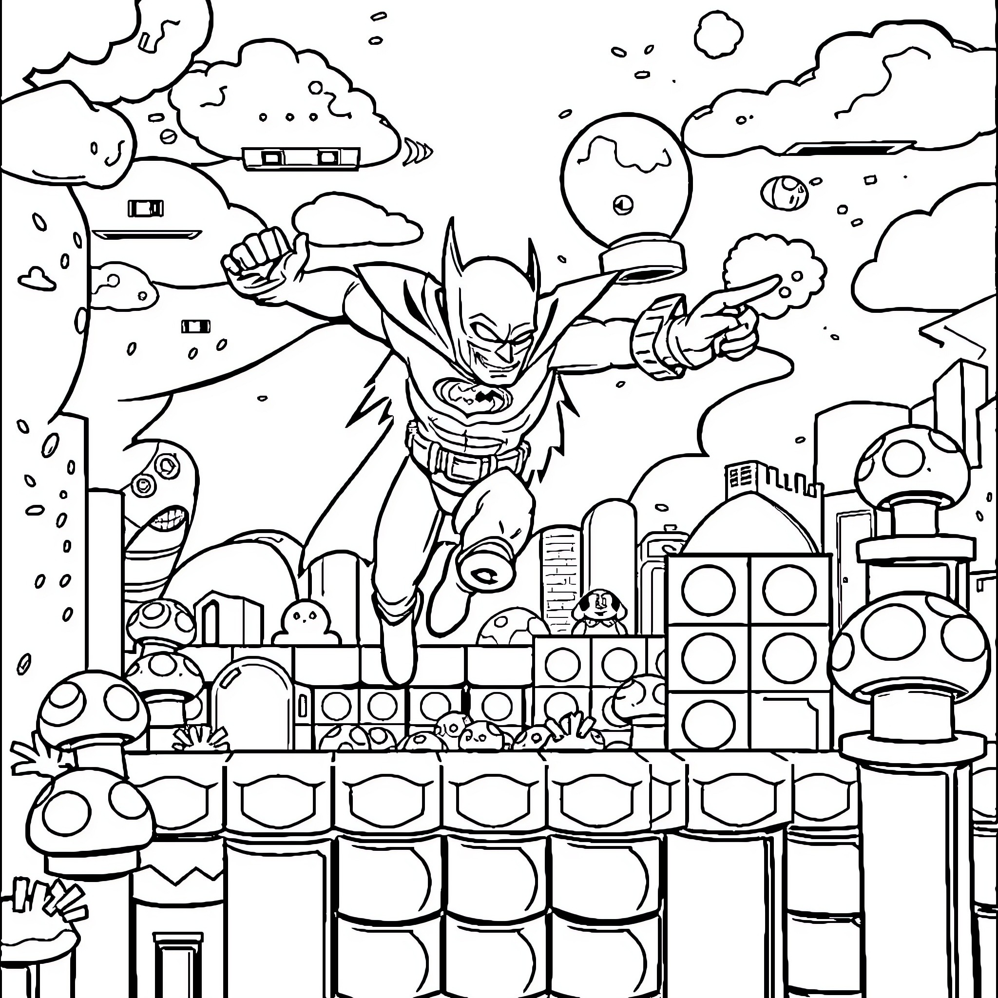Batman Battling Villains in Gotham City Coloring Page (free black-and-white line drawing printable PDF for all, from beginners to advanced learners, including children, teens, adults, and seniors)