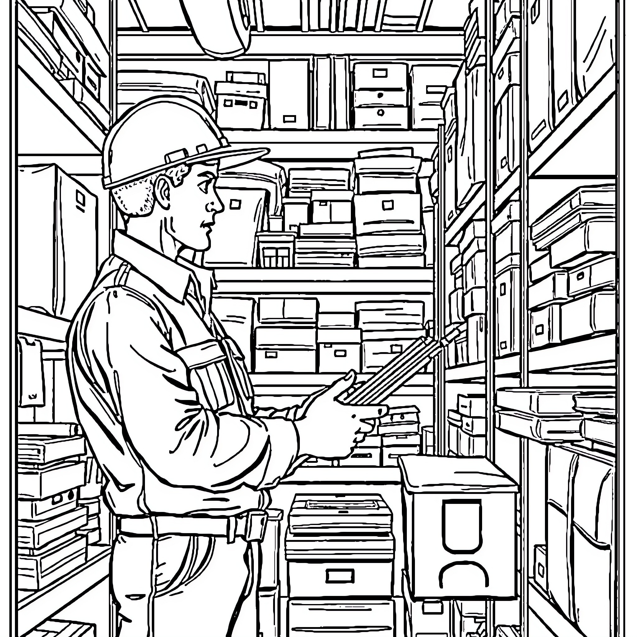 Supervisor Examining Inventory in Organized Warehouse Coloring Page (free black-and-white line drawing printable PDF for all, from beginners to advanced learners, including children, teens, adults, and seniors)