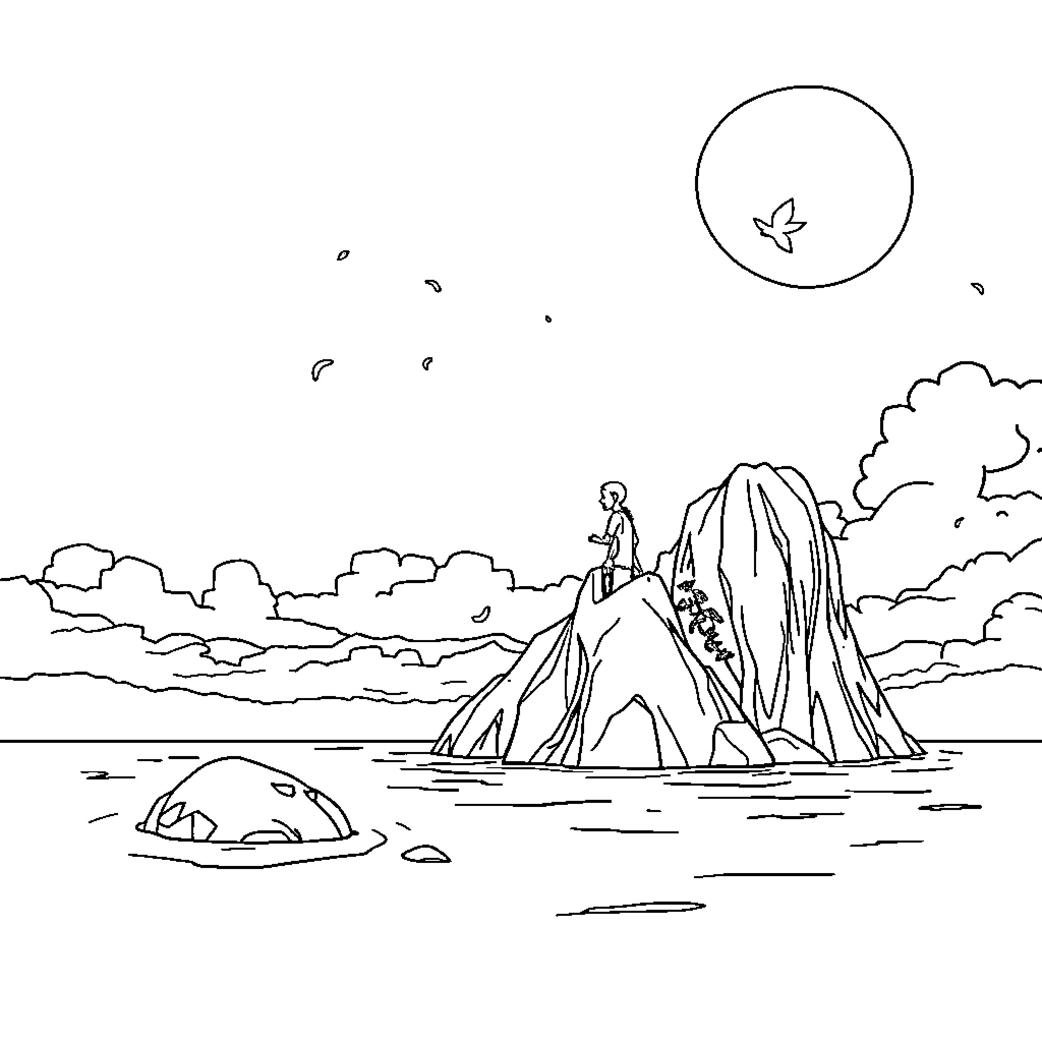 Mermaid standing atop a rocky island in the sea Coloring Page (free black-and-white line drawing printable PDF for all, from beginners to advanced learners, including children, teens, adults, and seniors)
