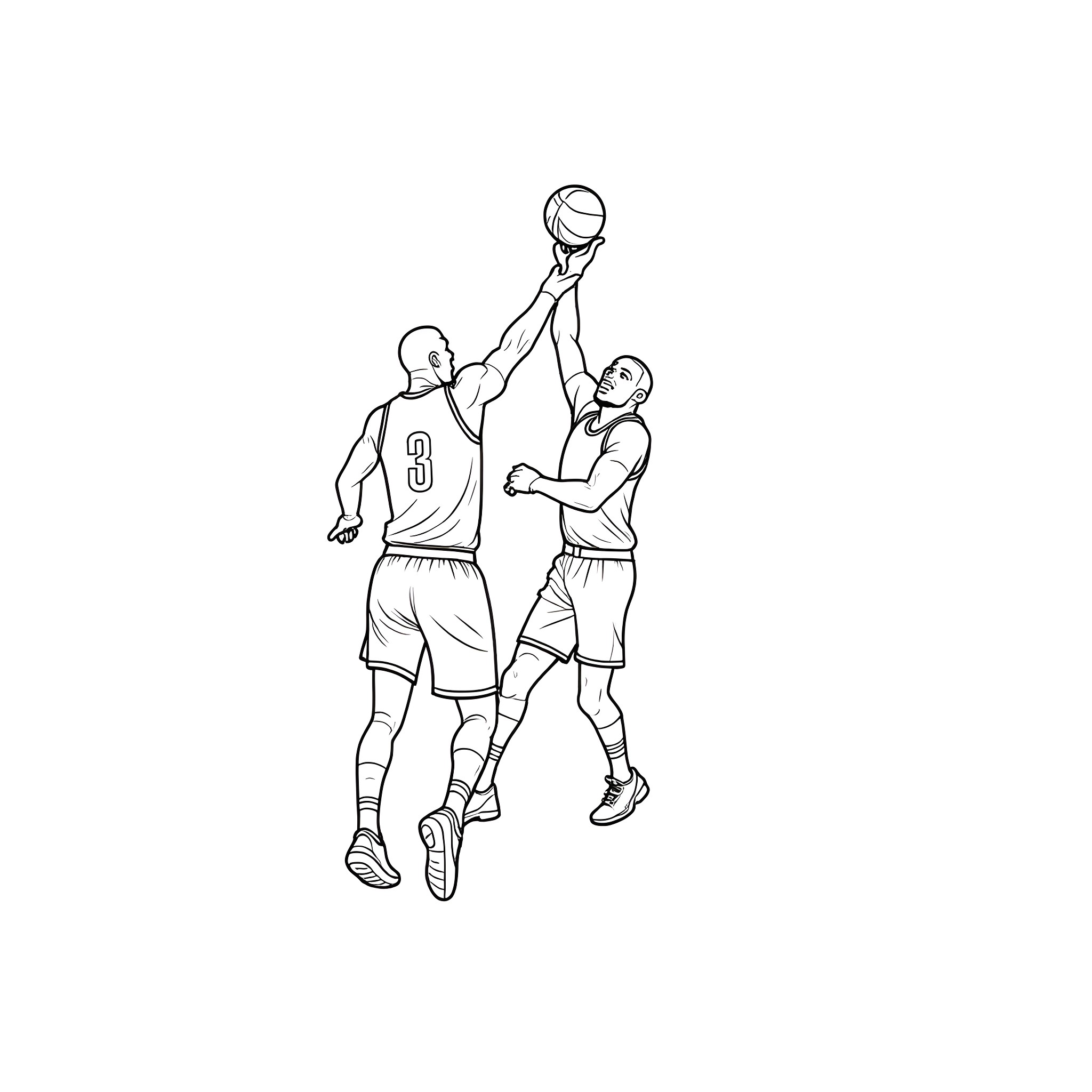 Ronaldo and opponent jumping for basketball Coloring Page (free black-and-white line drawing printable PDF for all, from beginners to advanced learners, including children, teens, adults, and seniors)