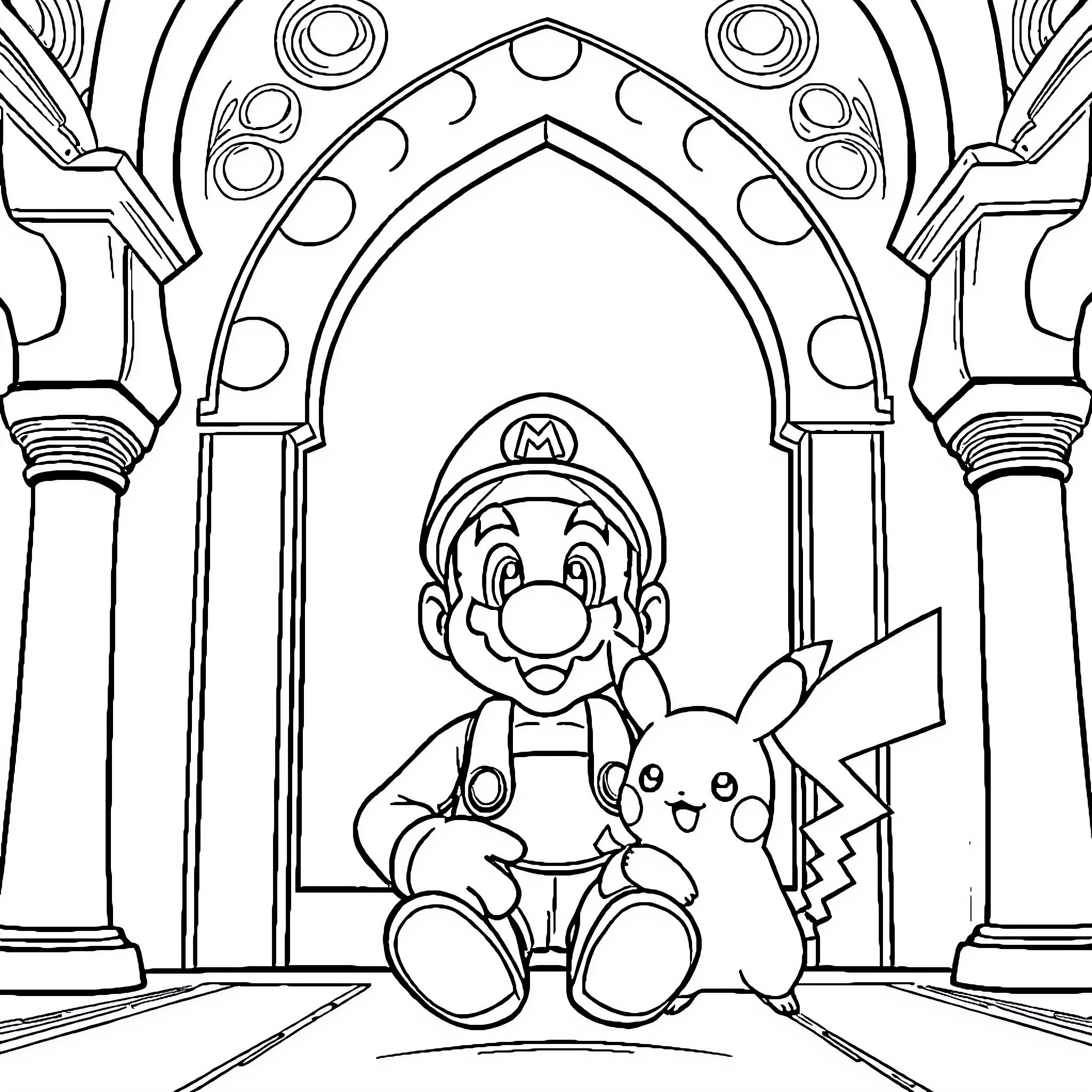 Mario's Whimsical Adventure with Pikachu Coloring Page (free black-and-white line drawing printable PDF for all, from beginners to advanced learners, including children, teens, adults, and seniors)