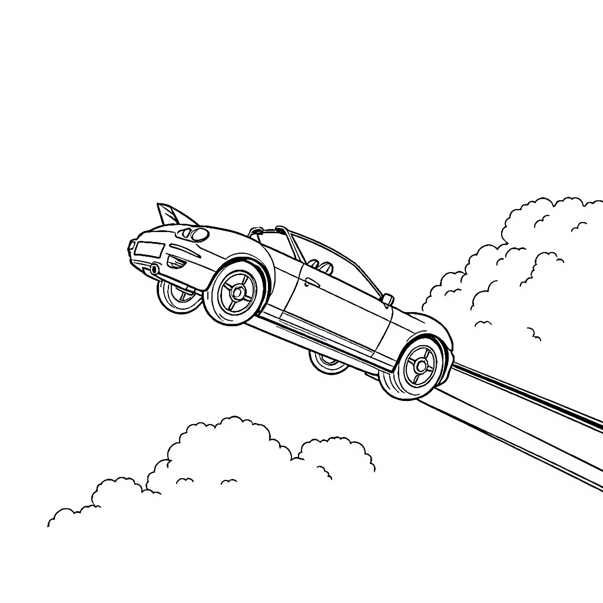 Flying Car speeding through the clouds Coloring Page (free black-and-white line drawing printable PDF for all, from beginners to advanced learners, including children, teens, adults, and seniors)