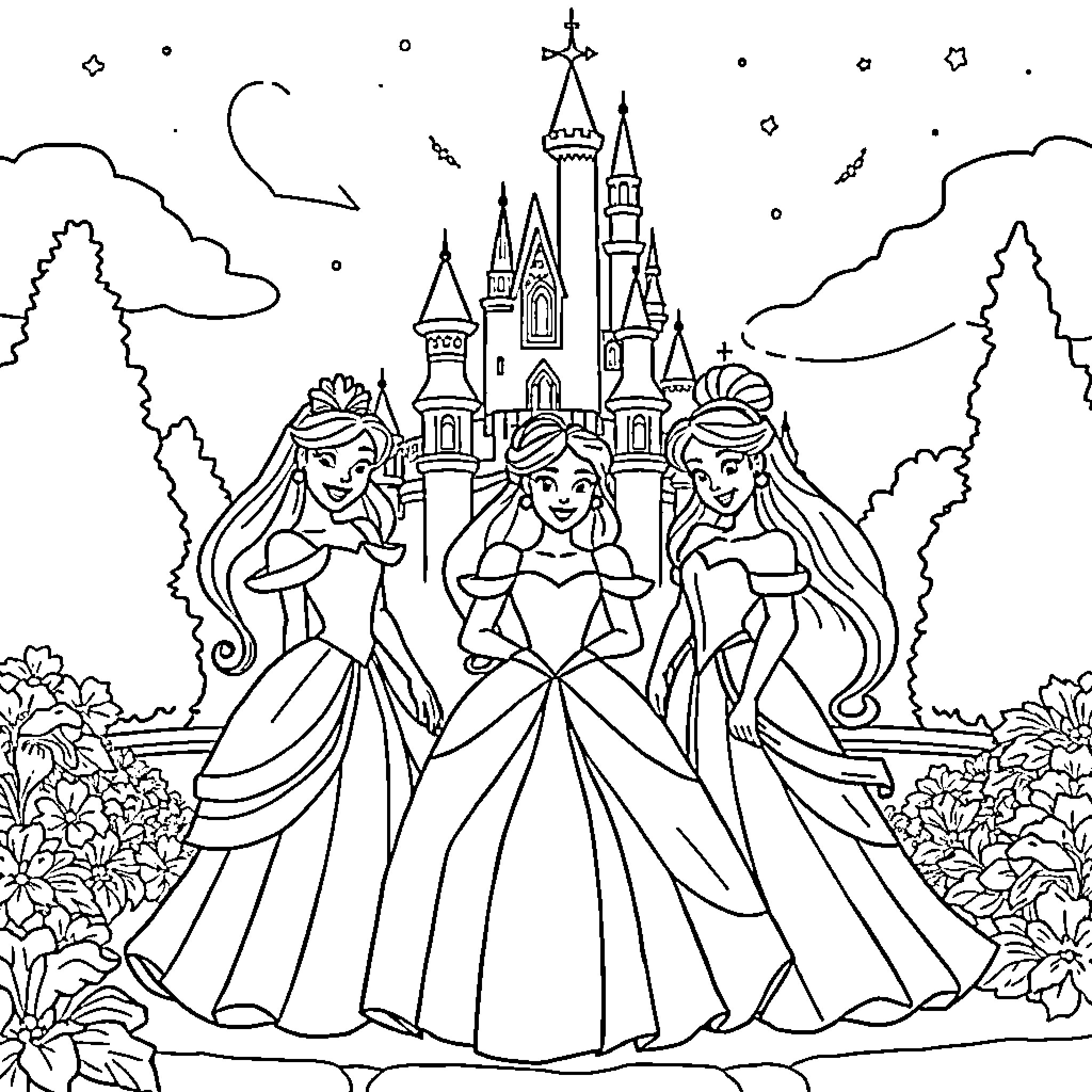 Disney Princess Trio in Elegant Dresses in a Fairy Tale Castle Coloring Page (free black-and-white line drawing printable PDF for all, from beginners to advanced learners, including children, teens, adults, and seniors)
