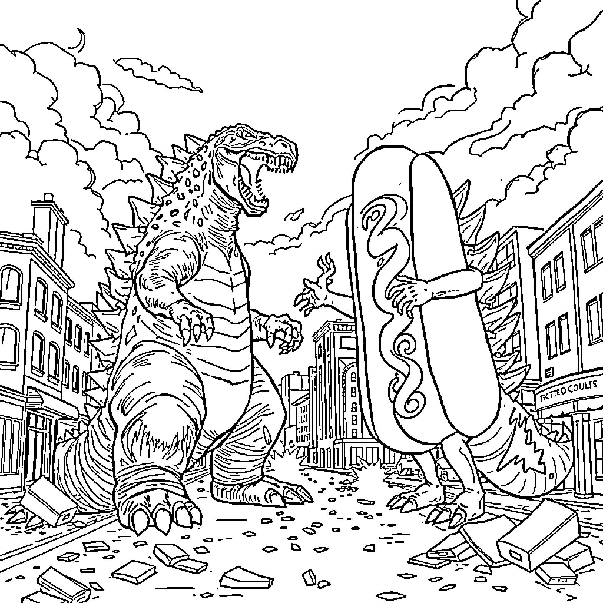 Godzilla rampaging through a city, destroying buildings and landmarks Coloring Page (free black-and-white line drawing printable PDF for all, from beginners to advanced learners, including children, teens, adults, and seniors)