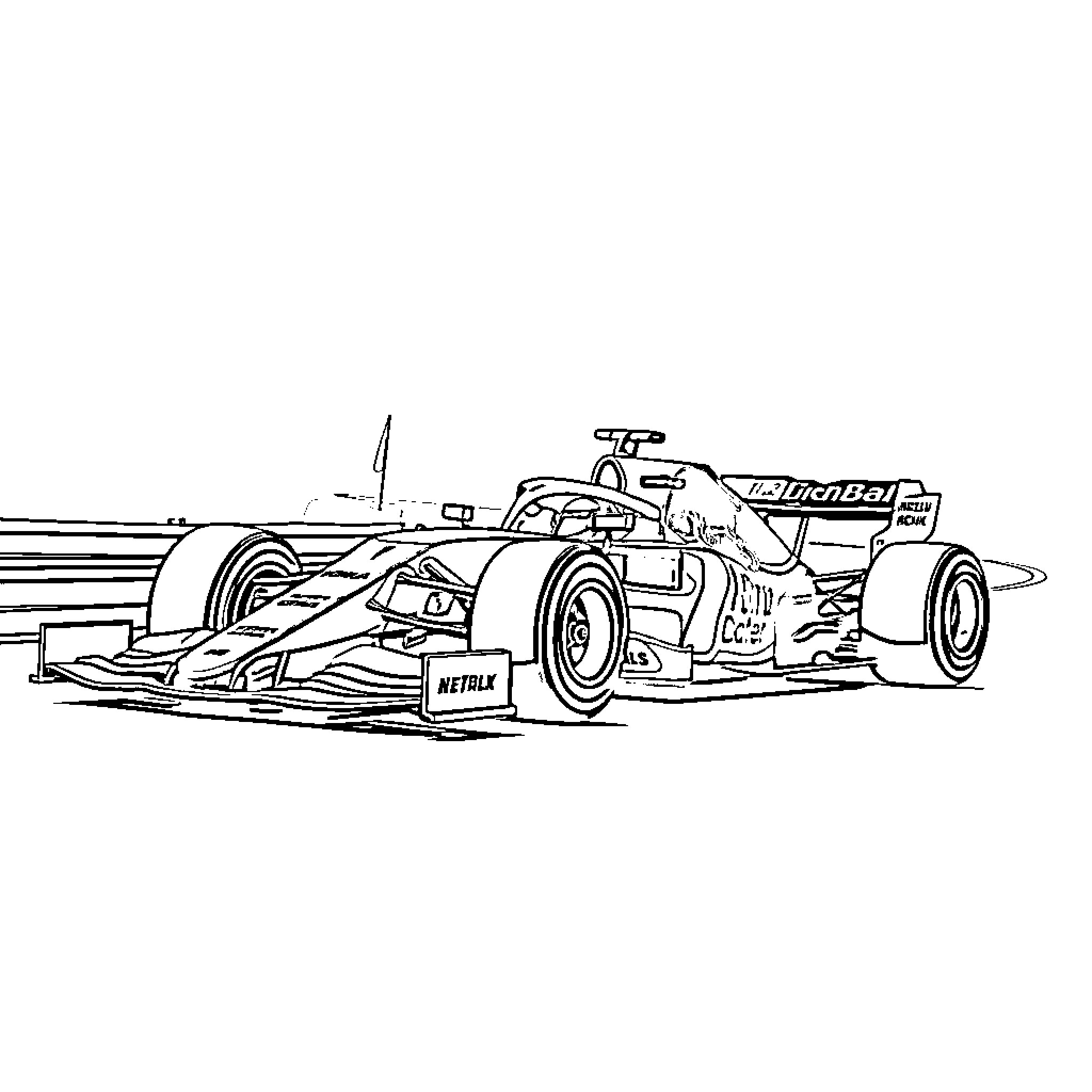F1 Car in racing action on the track Coloring Page (free black-and-white line drawing printable PDF for all, from beginners to advanced learners, including children, teens, adults, and seniors)
