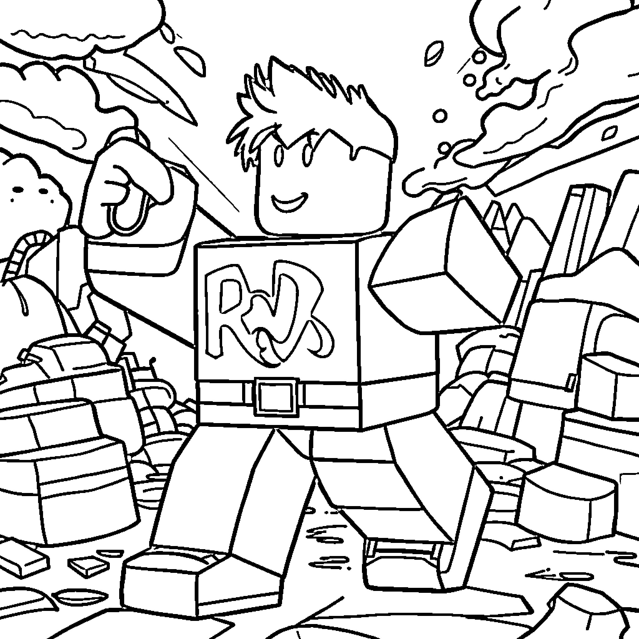 Roblox character in an adventurous scene Coloring Page (free black-and-white line drawing printable PDF for all, from beginners to advanced learners, including children, teens, adults, and seniors)