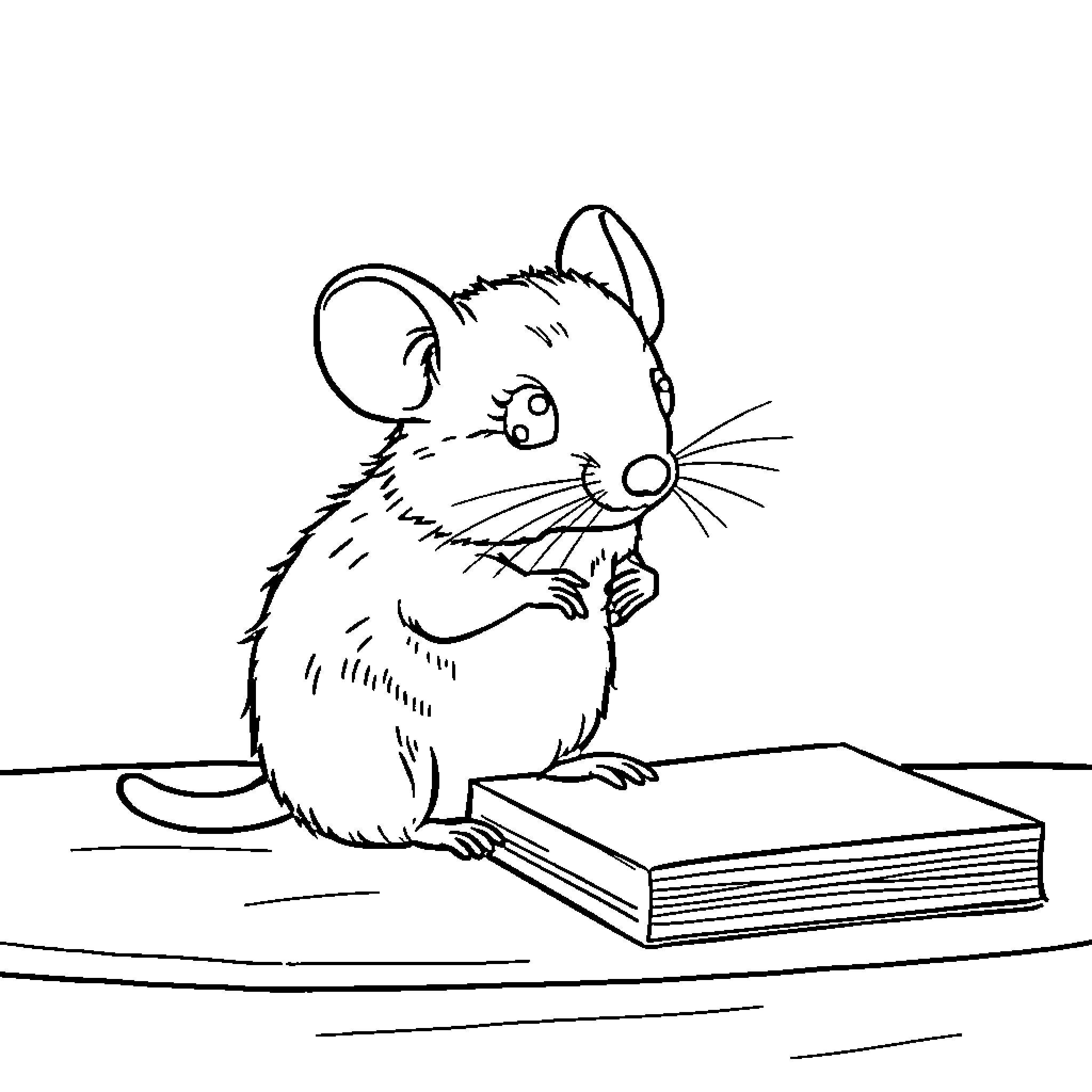 Mouse inspecting books on desk Coloring Page (free black-and-white line drawing printable PDF for all, from beginners to advanced learners, including children, teens, adults, and seniors)