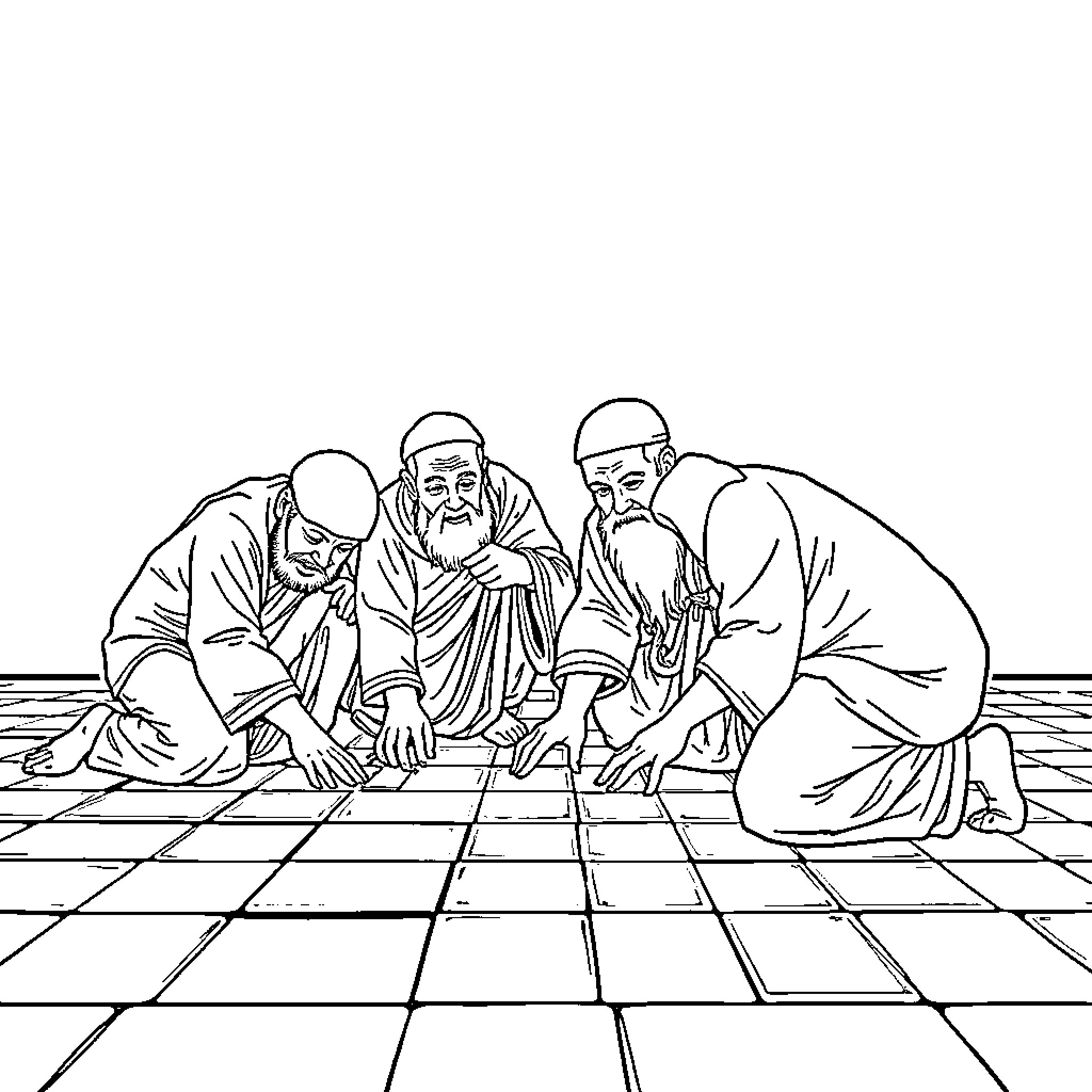 Guy playing chess with friends in contemplative poses Coloring Page (free black-and-white line drawing printable PDF for all, from beginners to advanced learners, including children, teens, adults, and seniors)
