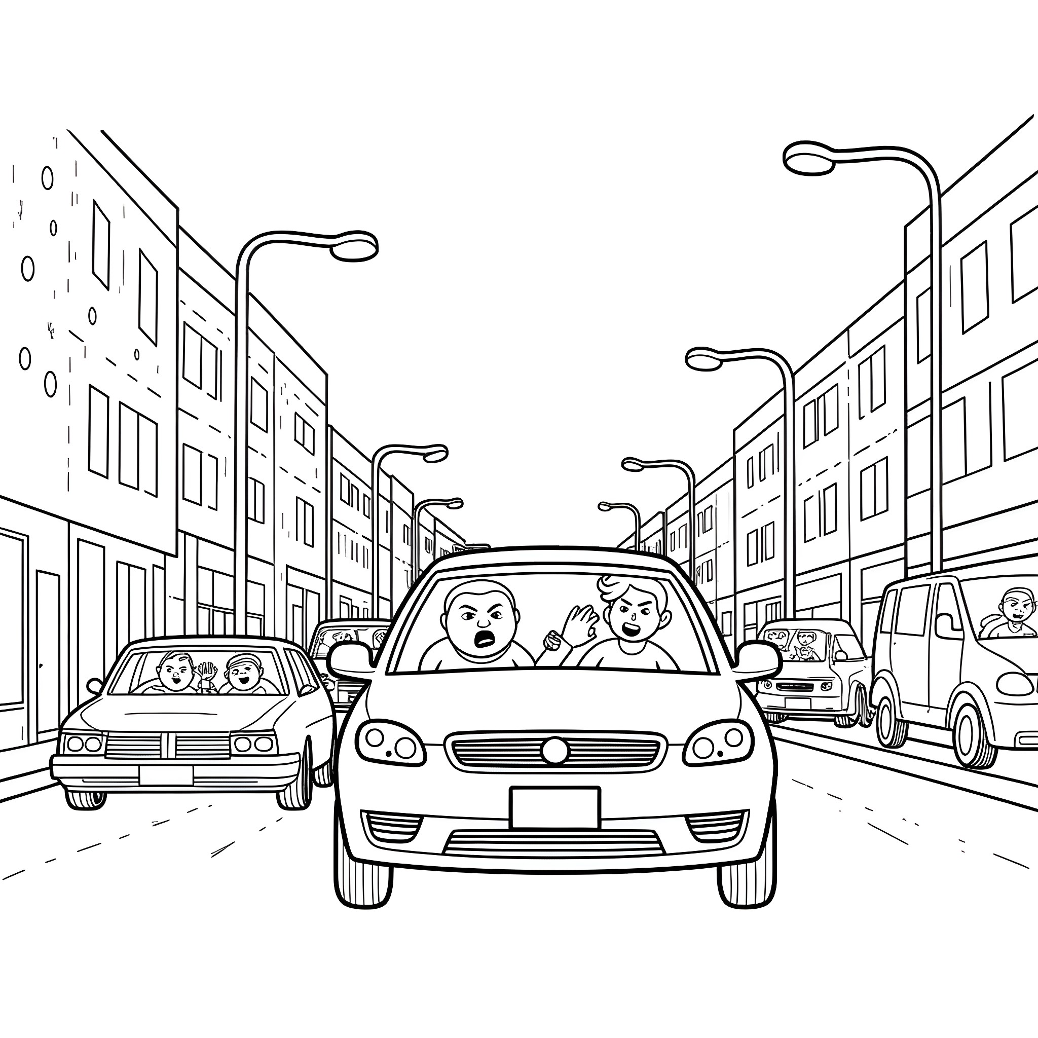 Road Rage Amid Congested Urban Traffic Coloring Page (free black-and-white line drawing printable PDF for all, from beginners to advanced learners, including children, teens, adults, and seniors)