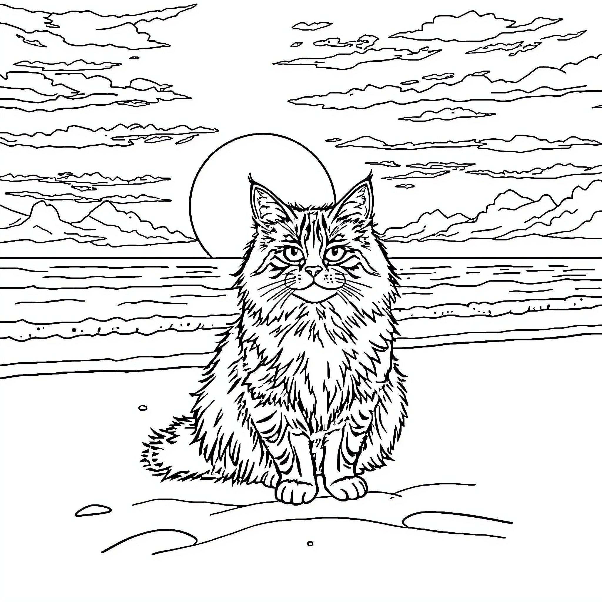 Maine Coon cat admiring the scenic sunset Coloring Page (free black-and-white line drawing printable PDF for all, from beginners to advanced learners, including children, teens, adults, and seniors)