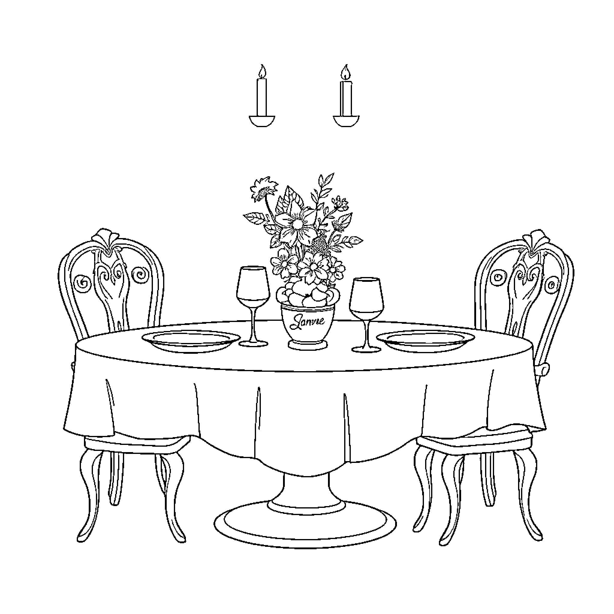 Season's Table Setting Celebration Coloring Page (free black-and-white line drawing printable PDF for all, from beginners to advanced learners, including children, teens, adults, and seniors)