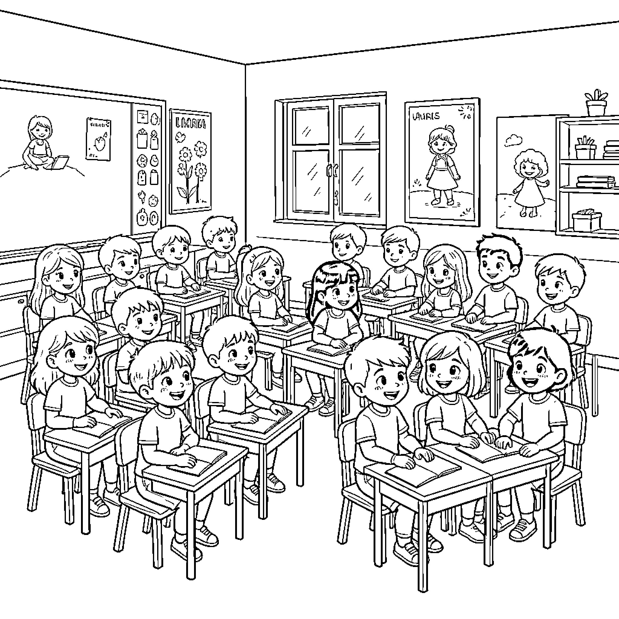 Students sitting at desks in a classroom Coloring Page (free black-and-white line drawing printable PDF for all, from beginners to advanced learners, including children, teens, adults, and seniors)