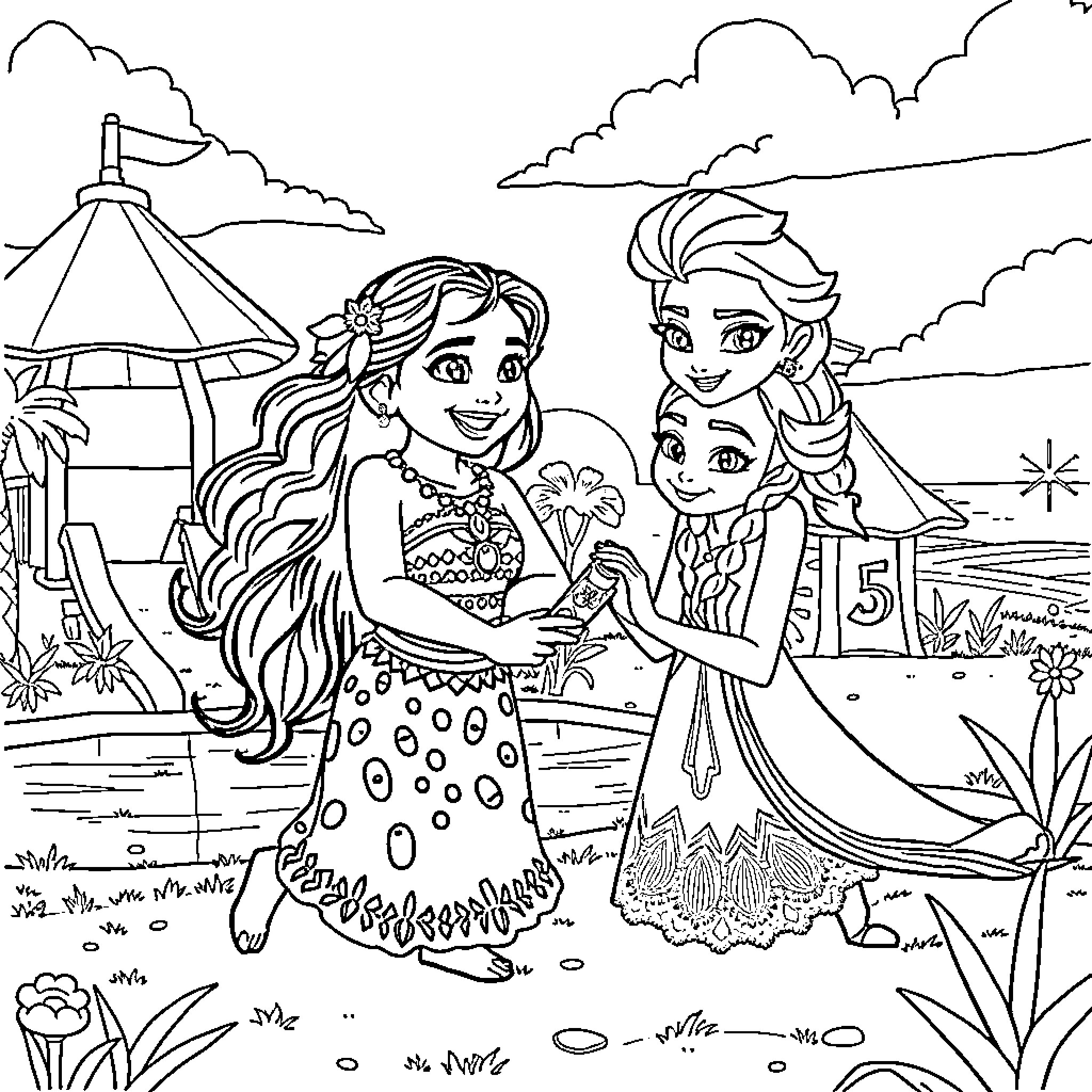 Moana and Elsa exploring the island paradise Coloring Page (free black-and-white line drawing printable PDF for all, from beginners to advanced learners, including children, teens, adults, and seniors)