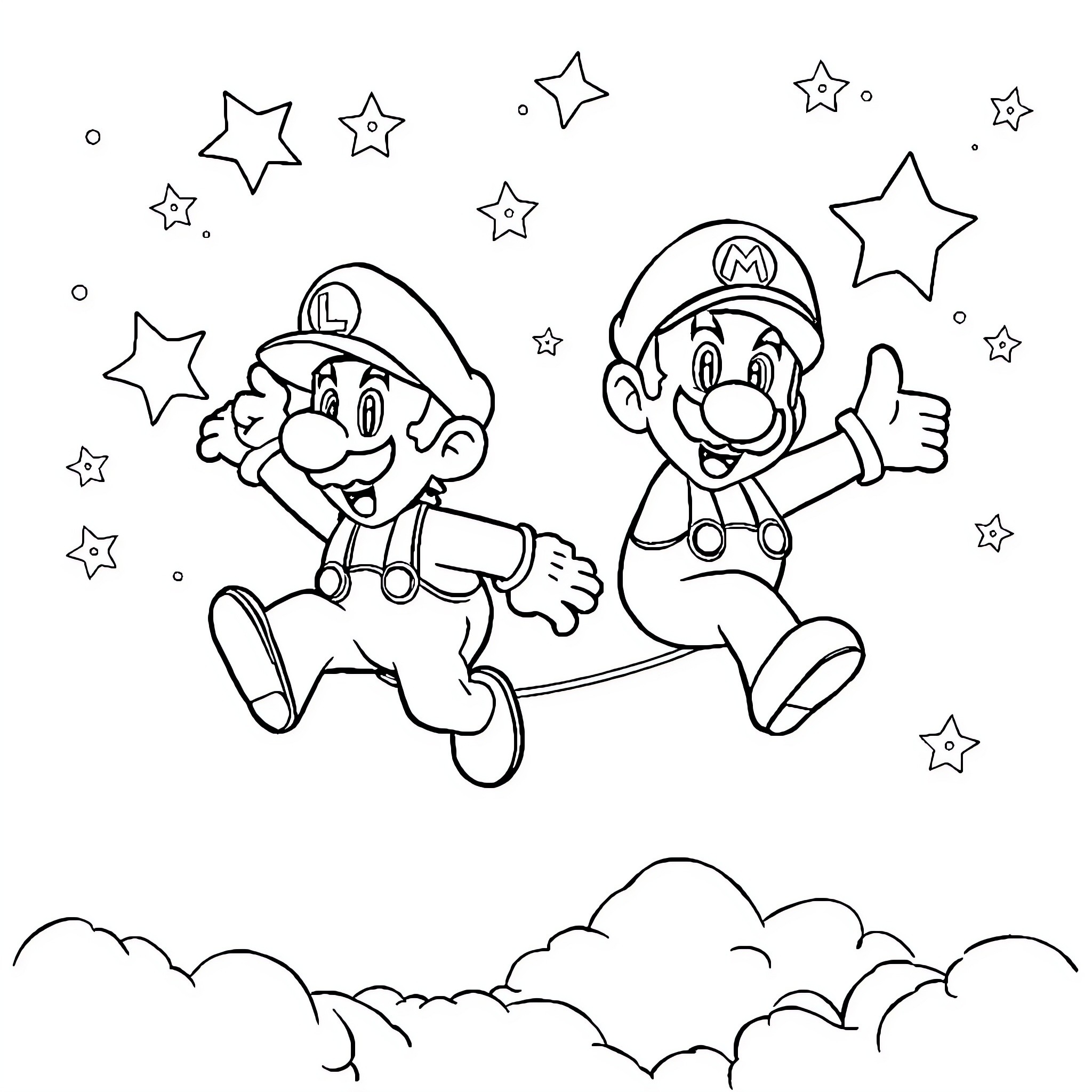 Mario Jumping with Joy Under the Starry Sky Coloring Page (free black-and-white line drawing printable PDF for all, from beginners to advanced learners, including children, teens, adults, and seniors)