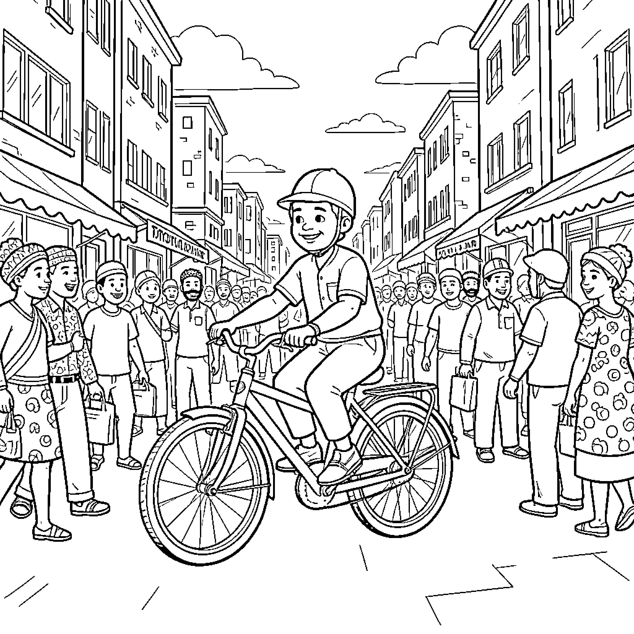 Trotro riding a bicycle through a crowded city street Coloring Page (free black-and-white line drawing printable PDF for all, from beginners to advanced learners, including children, teens, adults, and seniors)