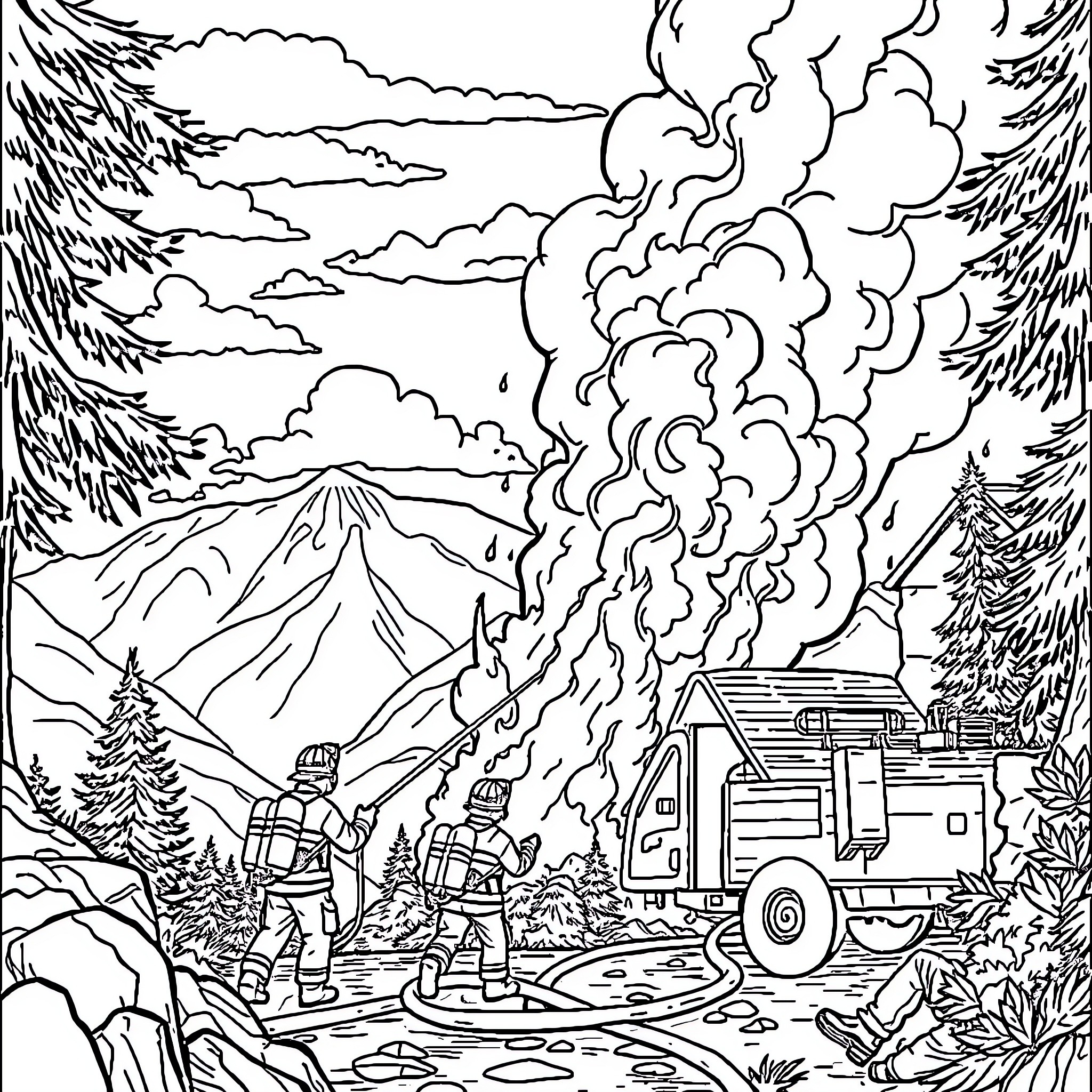 Firefighter team tackling a wildfire in the mountains Coloring Page (free black-and-white line drawing printable PDF for all, from beginners to advanced learners, including children, teens, adults, and seniors)