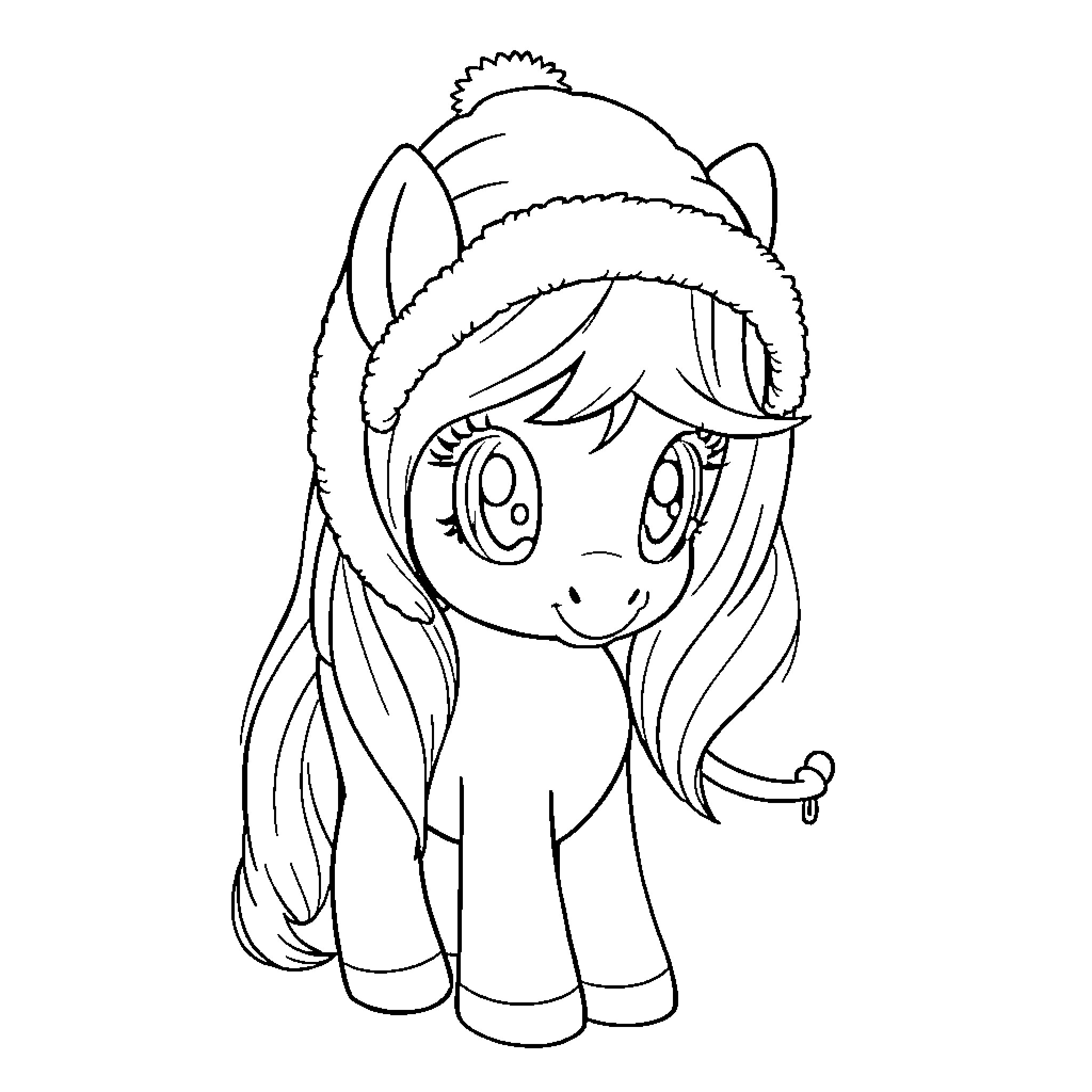 Pony with adorable expression and winter accessories Coloring Page (free black-and-white line drawing printable PDF for all, from beginners to advanced learners, including children, teens, adults, and seniors)