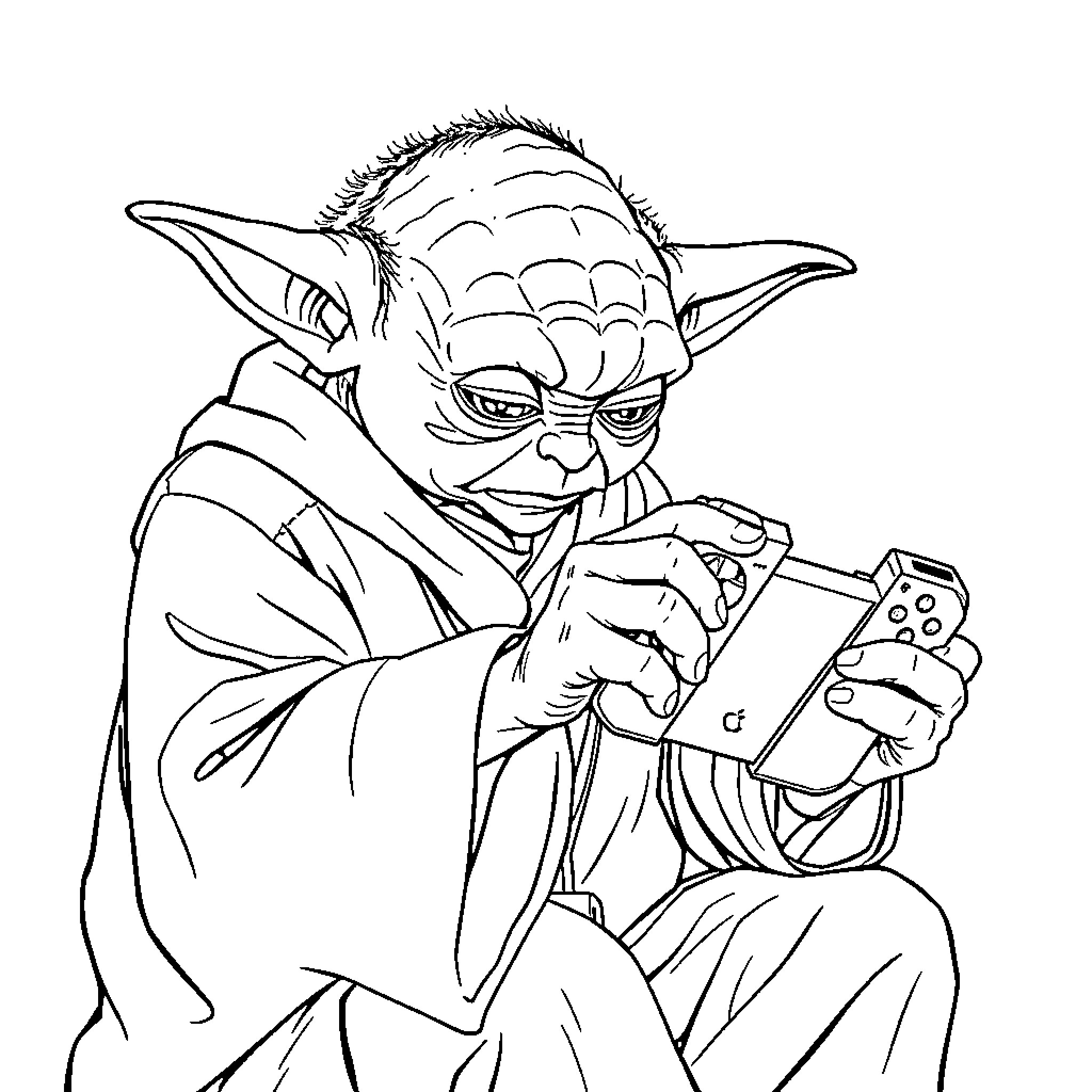 Yoda focused on playing a handheld video game Coloring Page (free black-and-white line drawing printable PDF for all, from beginners to advanced learners, including children, teens, adults, and seniors)