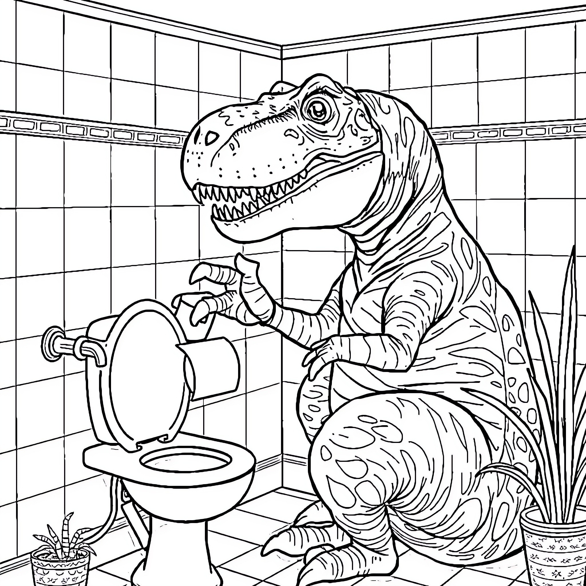 T-Rex Attempting to Use the Bathroom Coloring Page (free black-and-white line drawing printable PDF for all, from beginners to advanced learners, including children, teens, adults, and seniors)