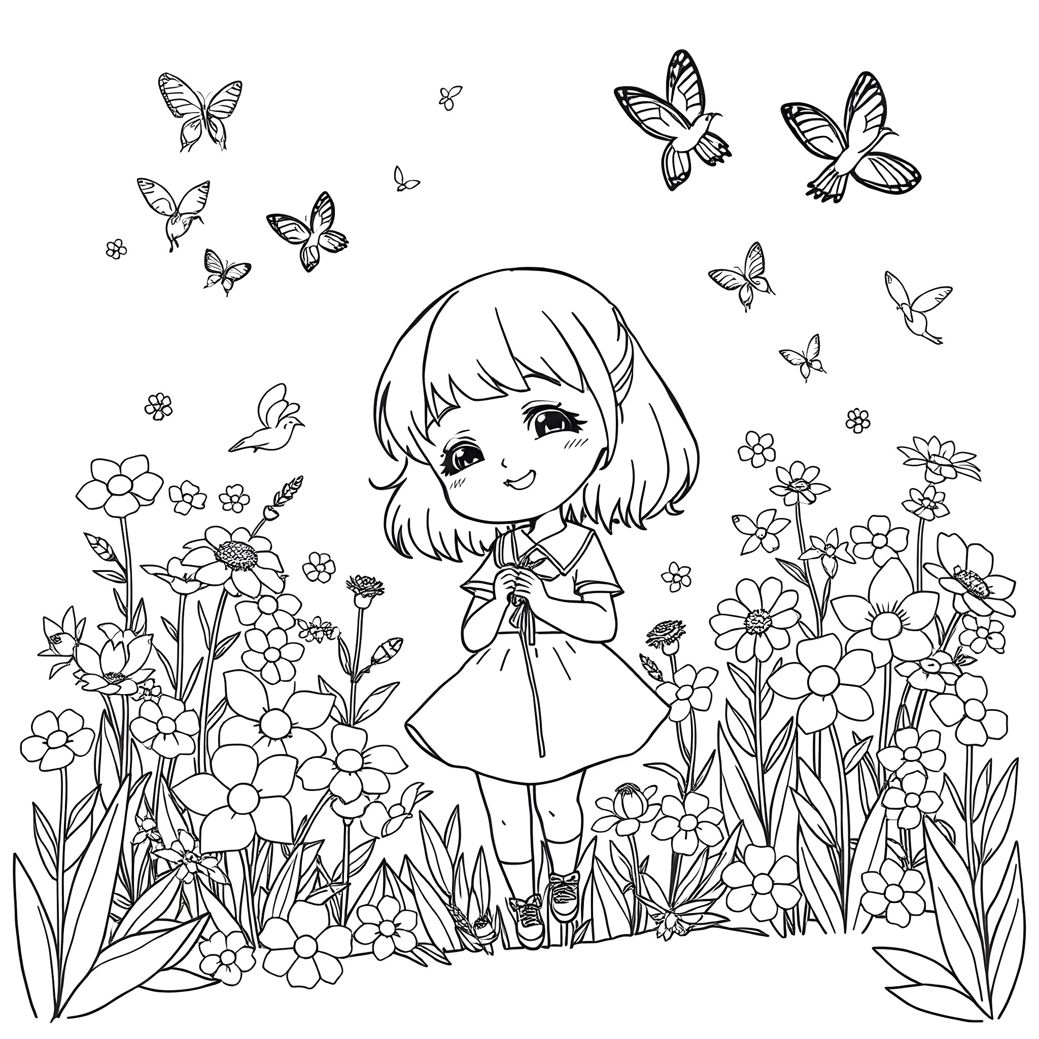 Chibi Girl surrounded by whimsical butterflies and flowers Coloring Page (free black-and-white line drawing printable PDF for all, from beginners to advanced learners, including children, teens, adults, and seniors)