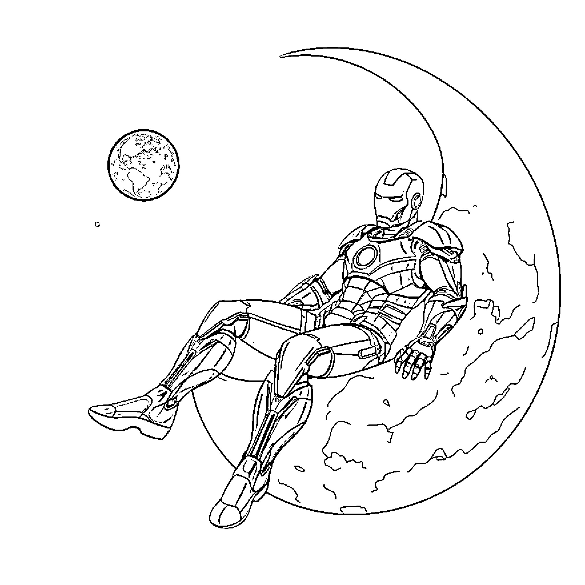 Iron Man Resting on the Moon Coloring Page (free black-and-white line drawing printable PDF for all, from beginners to advanced learners, including children, teens, adults, and seniors)