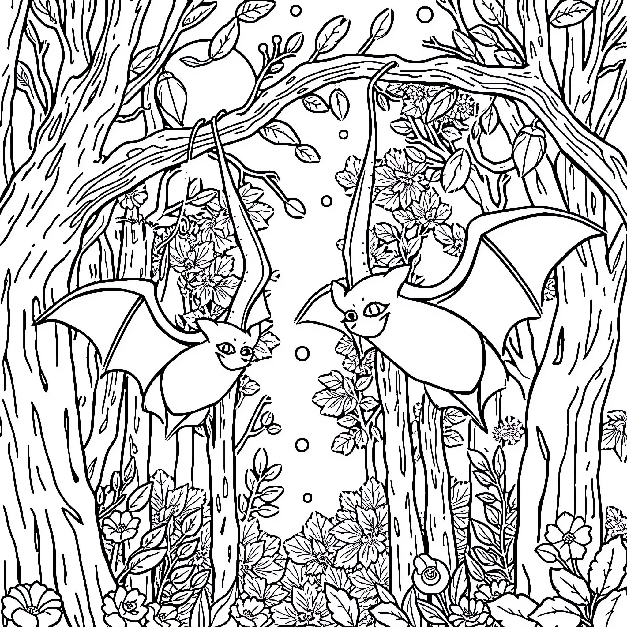 Bats flying amidst lush foliage Coloring Page (free black-and-white line drawing printable PDF for all, from beginners to advanced learners, including children, teens, adults, and seniors)