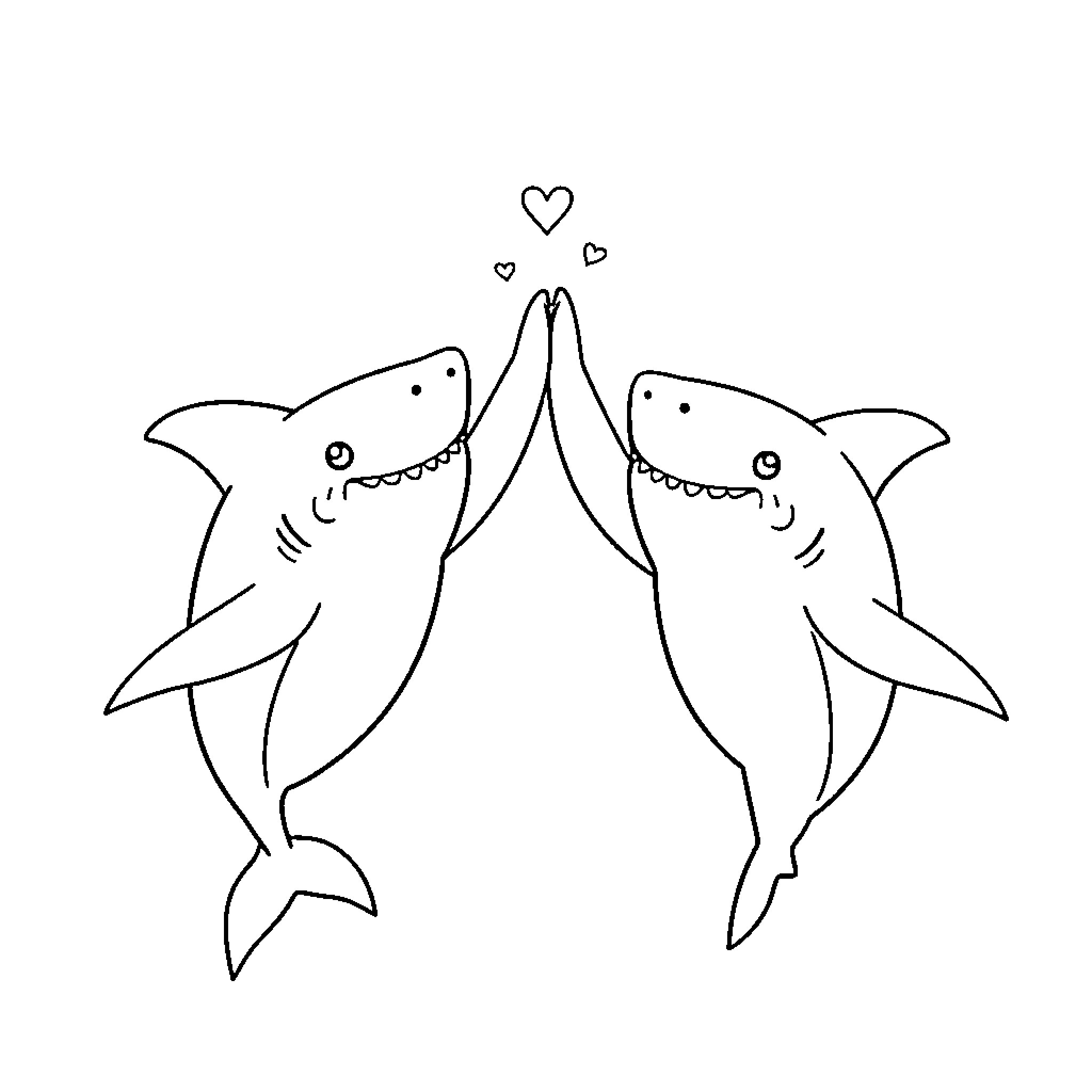 Sharks expressing affection with hearts Coloring Page (free black-and-white line drawing printable PDF for all, from beginners to advanced learners, including children, teens, adults, and seniors)