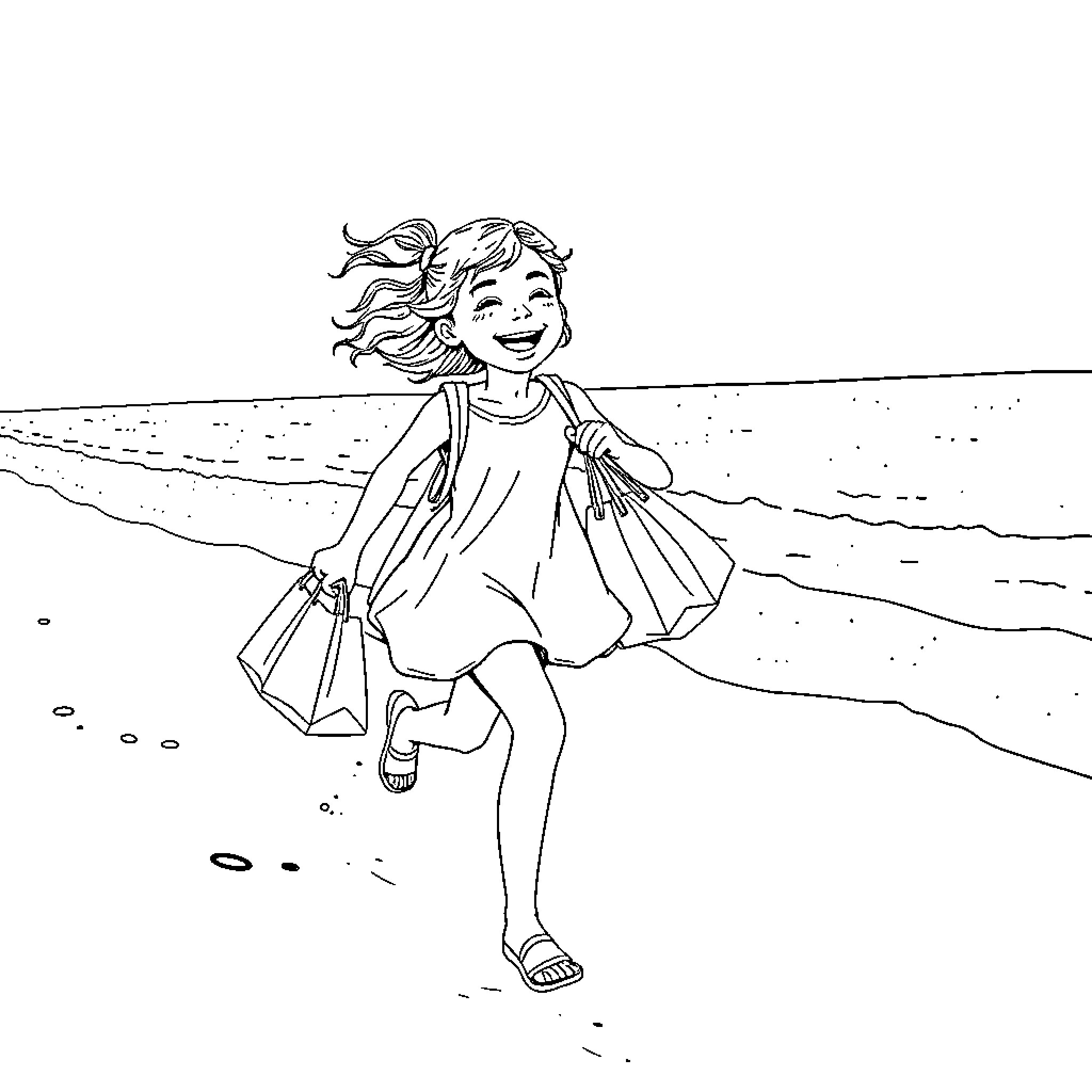 Girl running joyfully on the beach Coloring Page (free black-and-white line drawing printable PDF for all, from beginners to advanced learners, including children, teens, adults, and seniors)