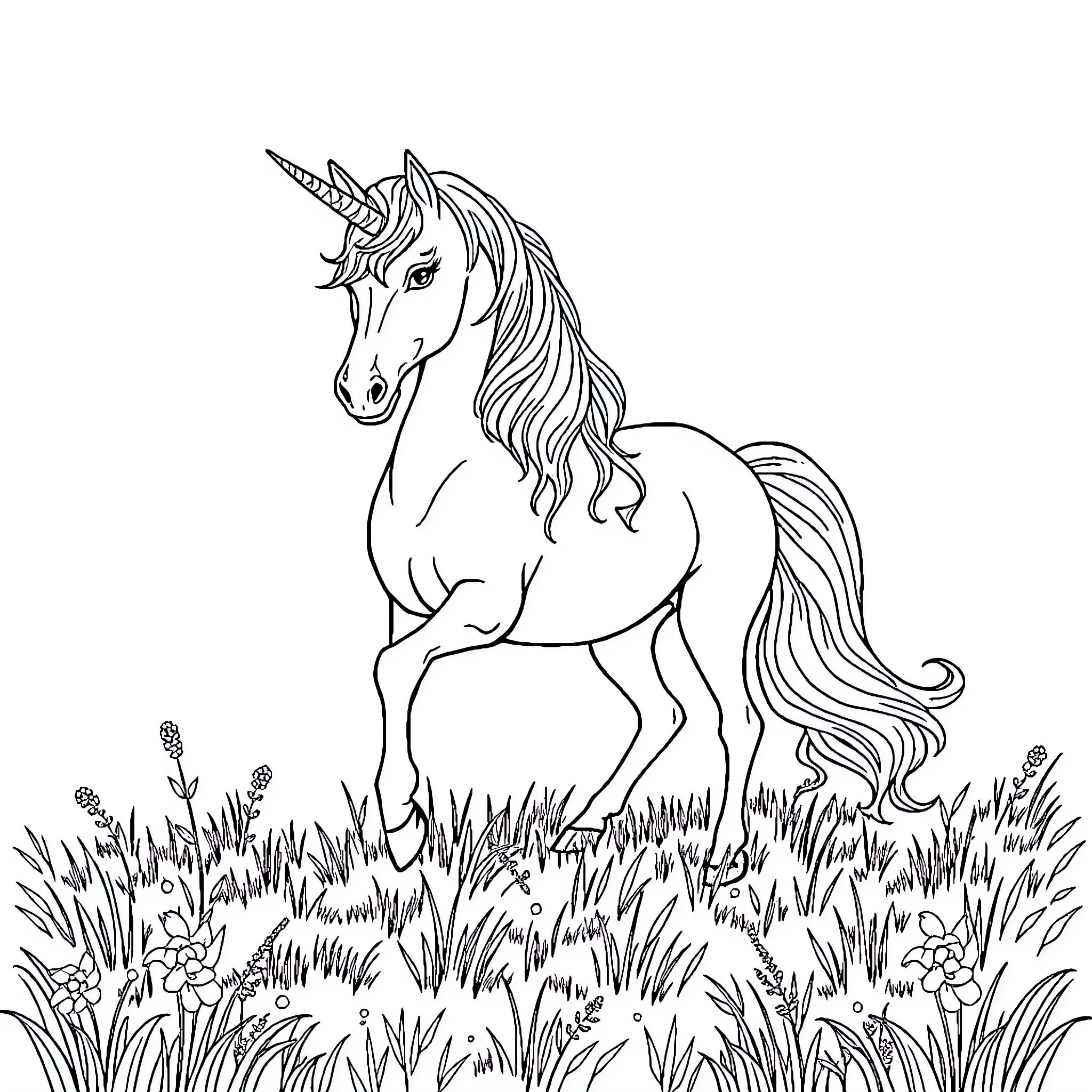 Unicorn standing majestically in the meadow Coloring Page (free black-and-white line drawing printable PDF for all, from beginners to advanced learners, including children, teens, adults, and seniors)